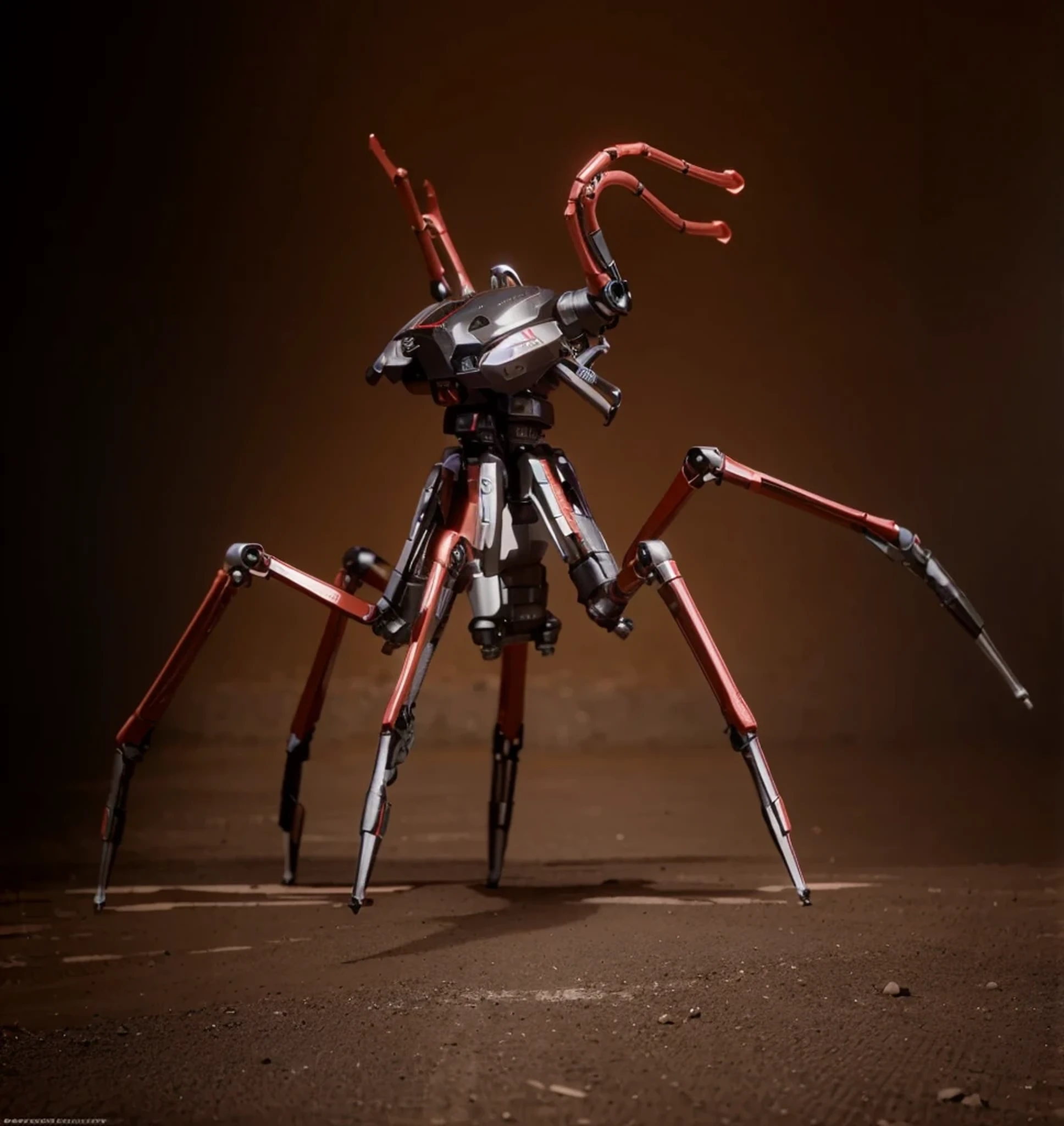 giant Ultra advanced biomechanical insectoid robot drone, black and red metal, has cameras, sensors and antennas, has mechanical insectoid legs, mechanical tentacles, it is in post apocalyptic desert, sunny day, top view, 4k, ultra detailed image, realistic, very detailed, perfect composition, splendid, intricately detailed, incredibly detailed, art photography 8k, hyper detailed, Masterpiece, ultra detailed, hyper realistic, 4k, ultra detailed image, realistic, highly detailed, perfect composition, splendid, intricately detailed, incredibly detailed, Artistic photography in 8k, hyper detailed