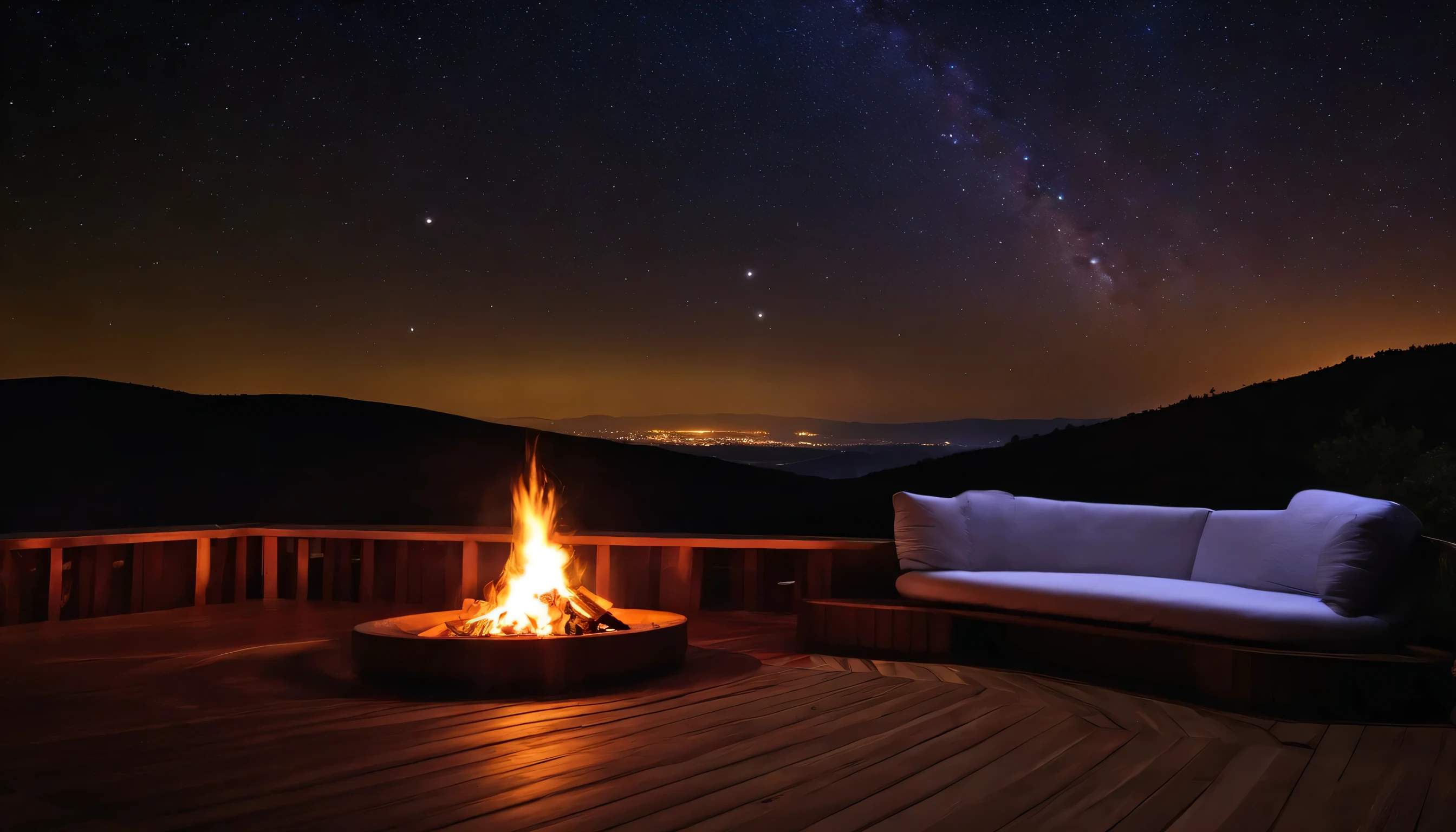 bonfire 8K wood deck sofa starry sky night sky star night view nature hill