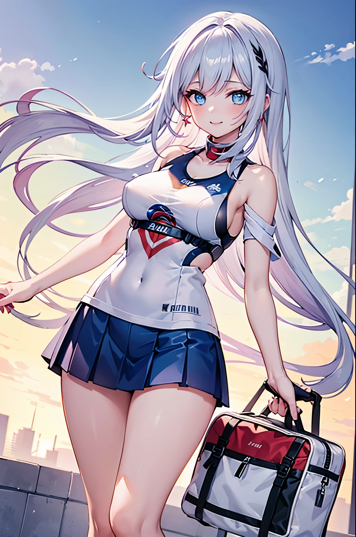 Realistic image, Detailed image, 1 girl. Long silky hair, silver hair, blue eyes, long eyelashes. Short sleeveless sports t-shirt, pleated mini skirt, sports shoes. Curvy body, medium breasts, thick thighs. smiling. Sports bag background. Volumetric light. Ambient light.