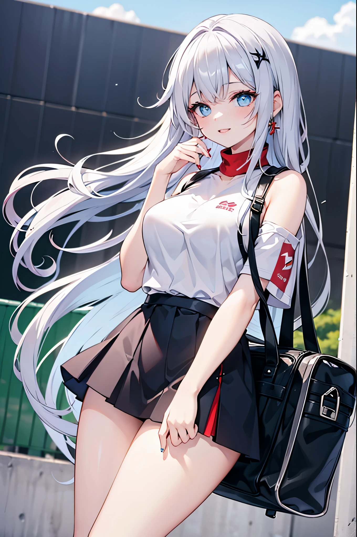 Realistic image, Detailed image, 1 girl. Long silky hair, silver hair, blue eyes, long eyelashes. Short sleeveless sports t-shirt, pleated mini skirt, sports shoes. Curvy body, medium breasts, thick thighs. smiling. Sports bag background. Volumetric light. Ambient light.