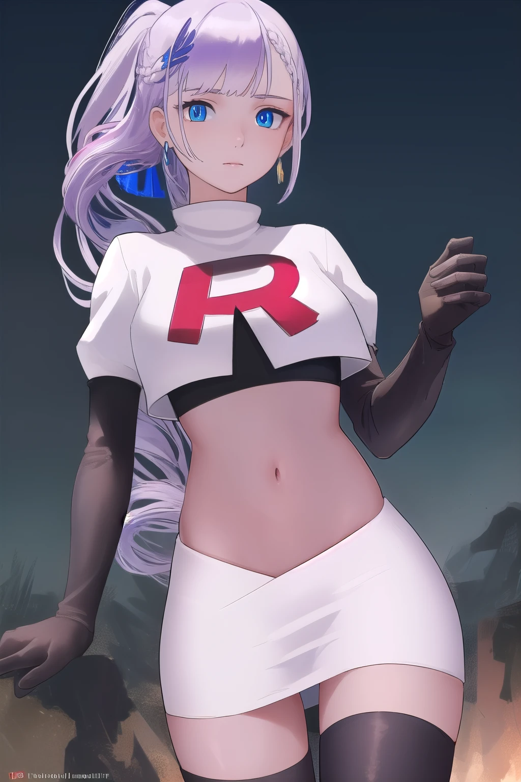 reinepavolia, reine pavolia, blue eyes, braid, braided bangs, light purple hair, parted bangs, ponytail, single braid,
BREAK earrings, feather hair ornament, feathers, jewelry, team rocket,team rocket uniform, red letter R, white skirt,white crop top,black thigh-highs,black elbow gloves
BREAK looking at viewer,
BREAK (masterpiece:1.2), best quality, high resolution, unity 8k wallpaper, (illustration:0.8), (beautiful detailed eyes:1.6), extremely detailed face, perfect lighting, extremely detailed CG, (perfect hands, perfect anatomy),