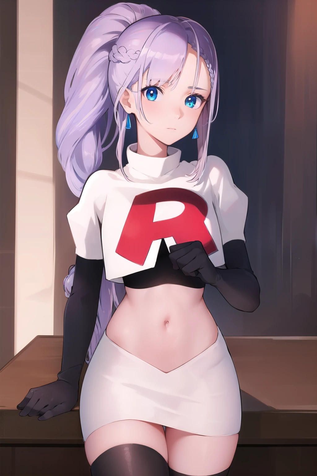 reinepavolia, reine pavolia, blue eyes, braid, braided bangs, light purple hair, parted bangs, ponytail, single braid,
BREAK earrings, feather hair ornament, feathers, jewelry, team rocket,team rocket uniform, red letter R, white skirt,white crop top,black thigh-highs,black elbow gloves
BREAK looking at viewer,
BREAK (masterpiece:1.2), best quality, high resolution, unity 8k wallpaper, (illustration:0.8), (beautiful detailed eyes:1.6), extremely detailed face, perfect lighting, extremely detailed CG, (perfect hands, perfect anatomy),