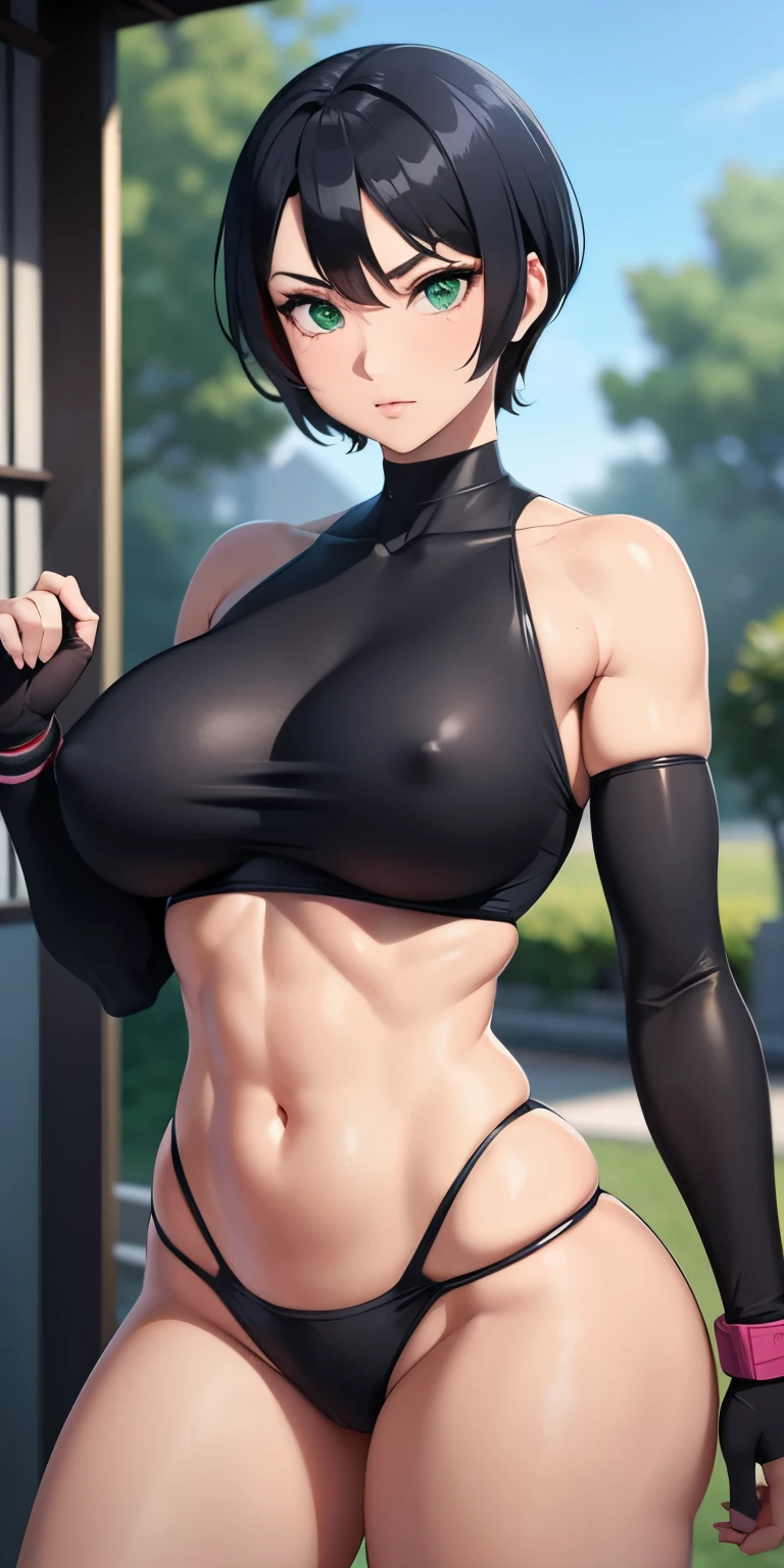 a ninja, pretty face, serious face, short black hair, green eyes, perfect body, fit body, abdomen, big breasts, muscular,