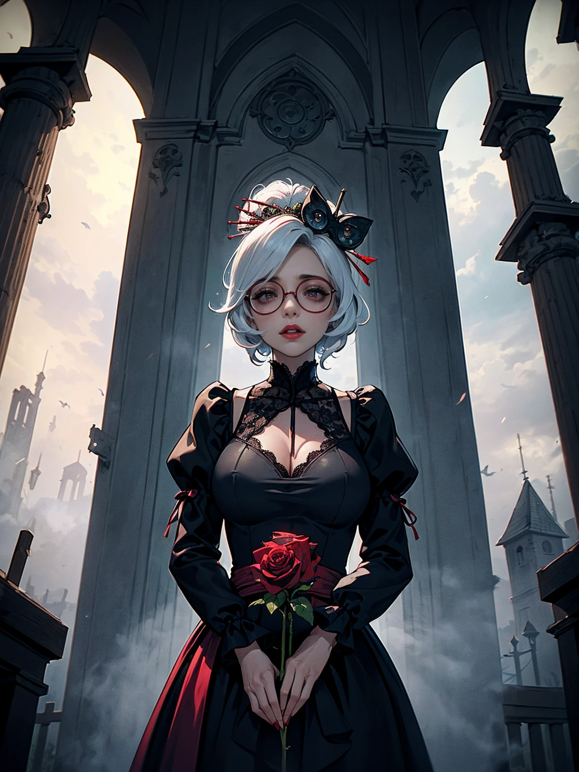 ((1girl, slolo, alone, Shy, kawai, cute, Masterpiece, Best Quality, Purah, White Hair, Red Eyes, Red Headband, Hair Ornament, Hair Sticks, Red Glasses)),, ((close, solo, 1woman, pink lipstick, Extremely detailed, ambient soft lighting, 4k, perfect eyes, a perfect face, perfect lighting, a 1girl)), (shy, highest quality, masterpiece:1.2), High-definition RAW color photo, Professional, cinematic light, gothic aesthetics, horror, eerie atmosphere, dark shadow, unforgettably beautiful, creepy landscape, gothic architecture, eerie atmosphere, decaying ruins, foggy fog, dramatic lighting, dark color, creepy details, (beautiful woman, Flowing Black Dress, haunted house, cute presence, gothic fashion, lace and velvet, dark red dress and vclack), eerie storm clouds, Moonlight night, supernatural being, eerie shadow, gothic charm, romantic rose in a dark corner, Bright red roses, creeping vine, dripping candle, Secret Whispers、delicate carvings, Ancient curses, thunder and lightning, creepy fog and crows, medieval atmosphere, spiderweb, gorgeous chandelier、Gargoyle - decorated roof, bleeding statue, sublime beauty, gothic aesthetic