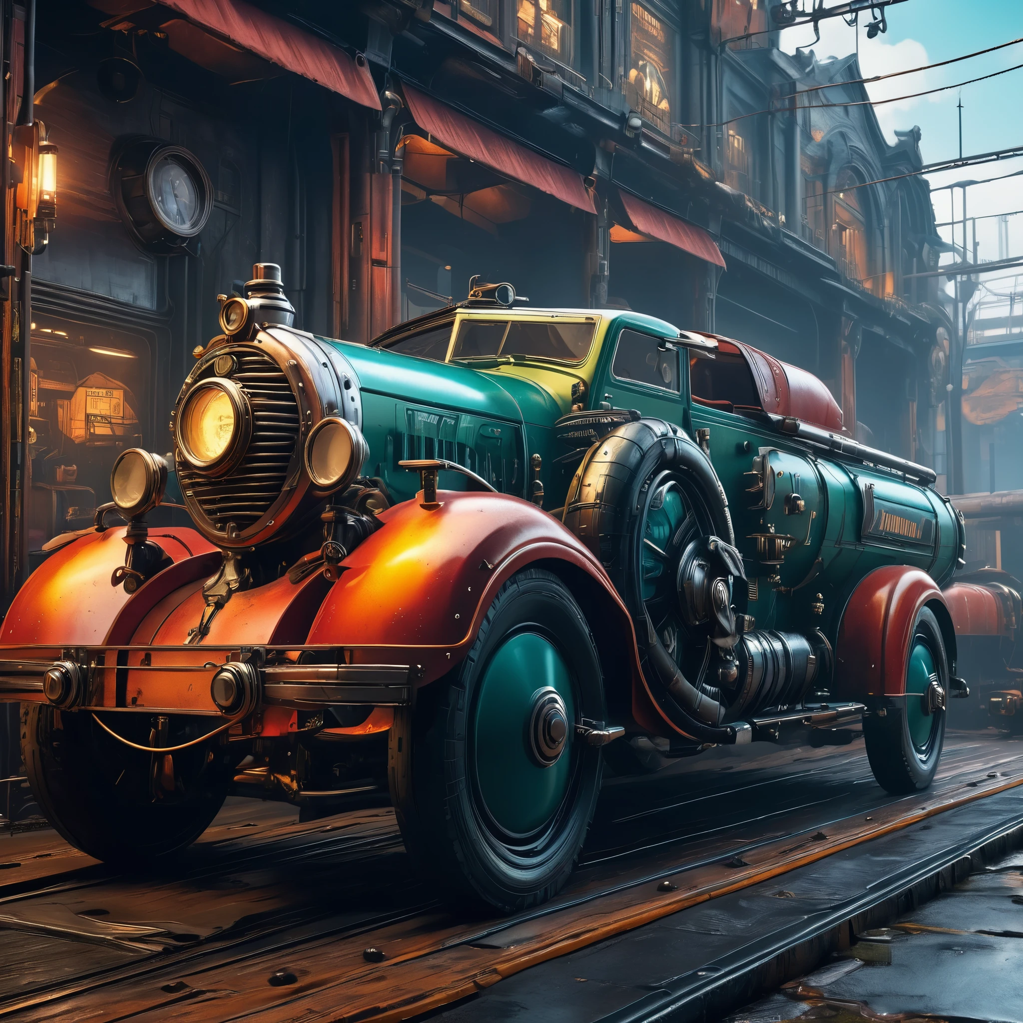 create an image demonstrating the style of ((Dieselpunk)) style, hyper realism, 8k high definition, vibrant colors, sharp focus, insanely detailed