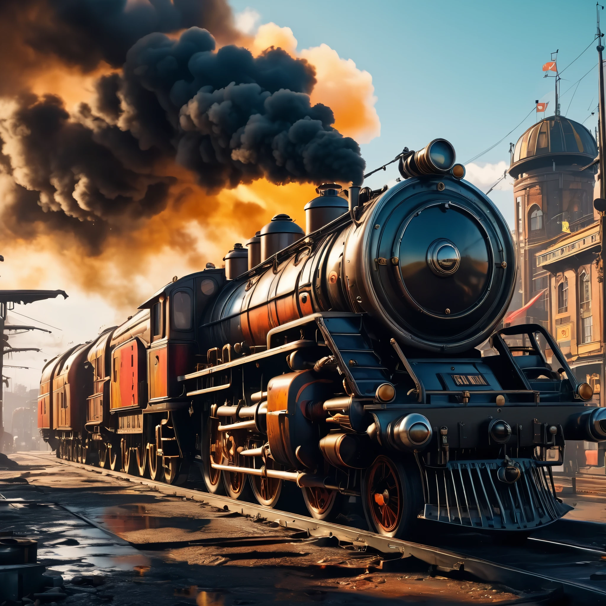 create an image demonstrating the style of ((Dieselpunk)) style, hyper realism, 8k high definition, vibrant colors, sharp focus, insanely detailed