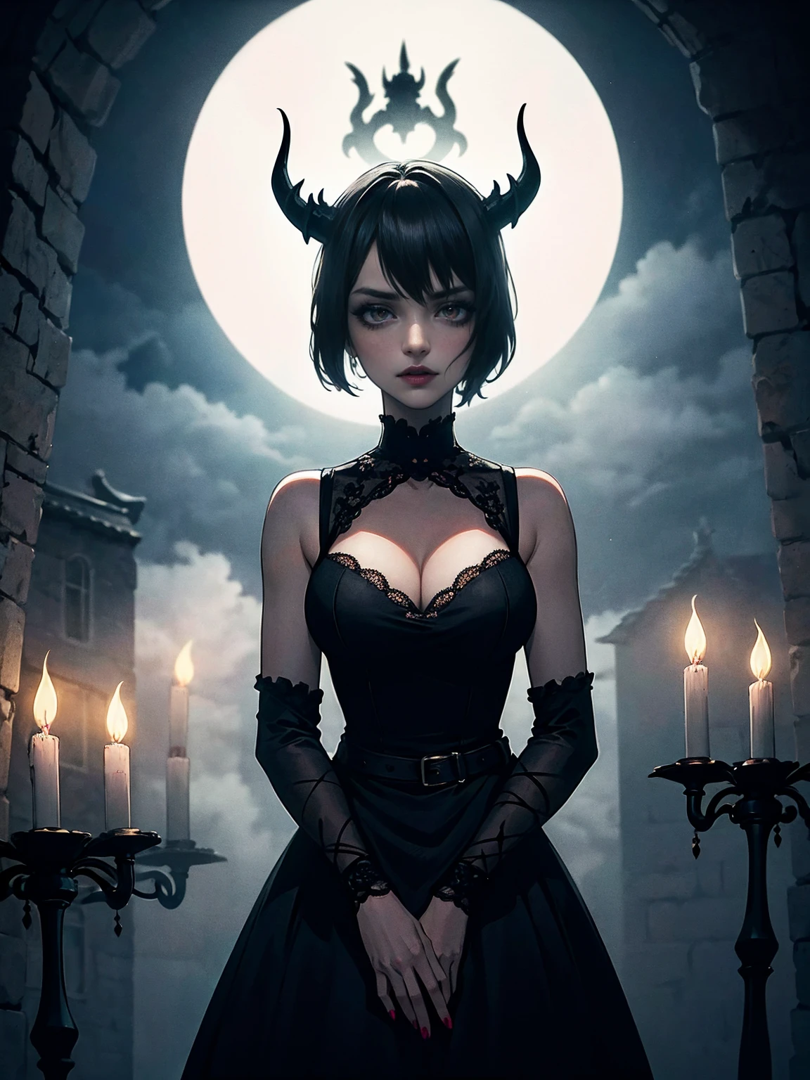 (masterpiece, best quality), intricate details, 1girl, solo, Nero, black hair, short hair, ahoge, red eyes, horns, outdoors, tank top dress, black dress, cleavage, expressionless, looking at viewer,, ((close, solo, 1woman, pink lipstick, Extremely detailed, ambient soft lighting, 4k, perfect eyes, a perfect face, perfect lighting, a 1girl)), (shy, highest quality, masterpiece:1.2), High-definition RAW color photo, Professional, cinematic light, gothic aesthetics, horror, eerie atmosphere, dark shadow, unforgettably beautiful, creepy landscape, gothic architecture, eerie atmosphere, decaying ruins, foggy fog, dramatic lighting, dark color, creepy details, (beautiful woman, Flowing Black Dress, haunted house, cute presence, gothic fashion, lace and velvet, dark red dress and vclack), eerie storm clouds, Moonlight night, supernatural being, eerie shadow, gothic charm, romantic rose in a dark corner, Bright red roses, creeping vine, dripping candle, Secret Whispers、delicate carvings, Ancient curses, thunder and lightning, creepy fog and crows, medieval atmosphere, spiderweb, gorgeous chandelier、Gargoyle - decorated roof, bleeding statue, sublime beauty, gothic aesthetic