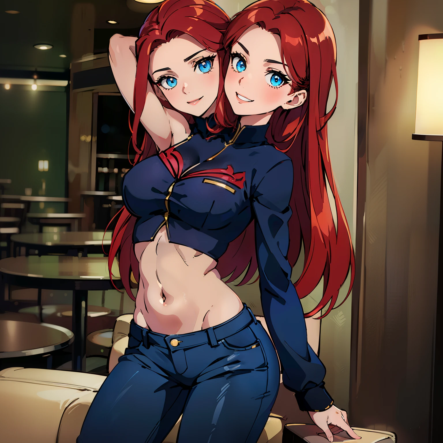 (masterpiece),(ultra-detailed), (high quality), (high resolution), (best quality:1.5, highres, UHD), highres, absurdo, ultra detail, ultra quality, Ultra resolution, 16k, 1girl, (2heads:1.5), girl with two heads, red hair, blue hair, smiling, ((black blazer over a blue crop top)), blue jeans, wearing heeled boots, (detailed glowing blue eyes, casual dress, sexy proportions, (exposed midriff), thighs, Beautiful girl with accentuated slender abs, eyeshadow