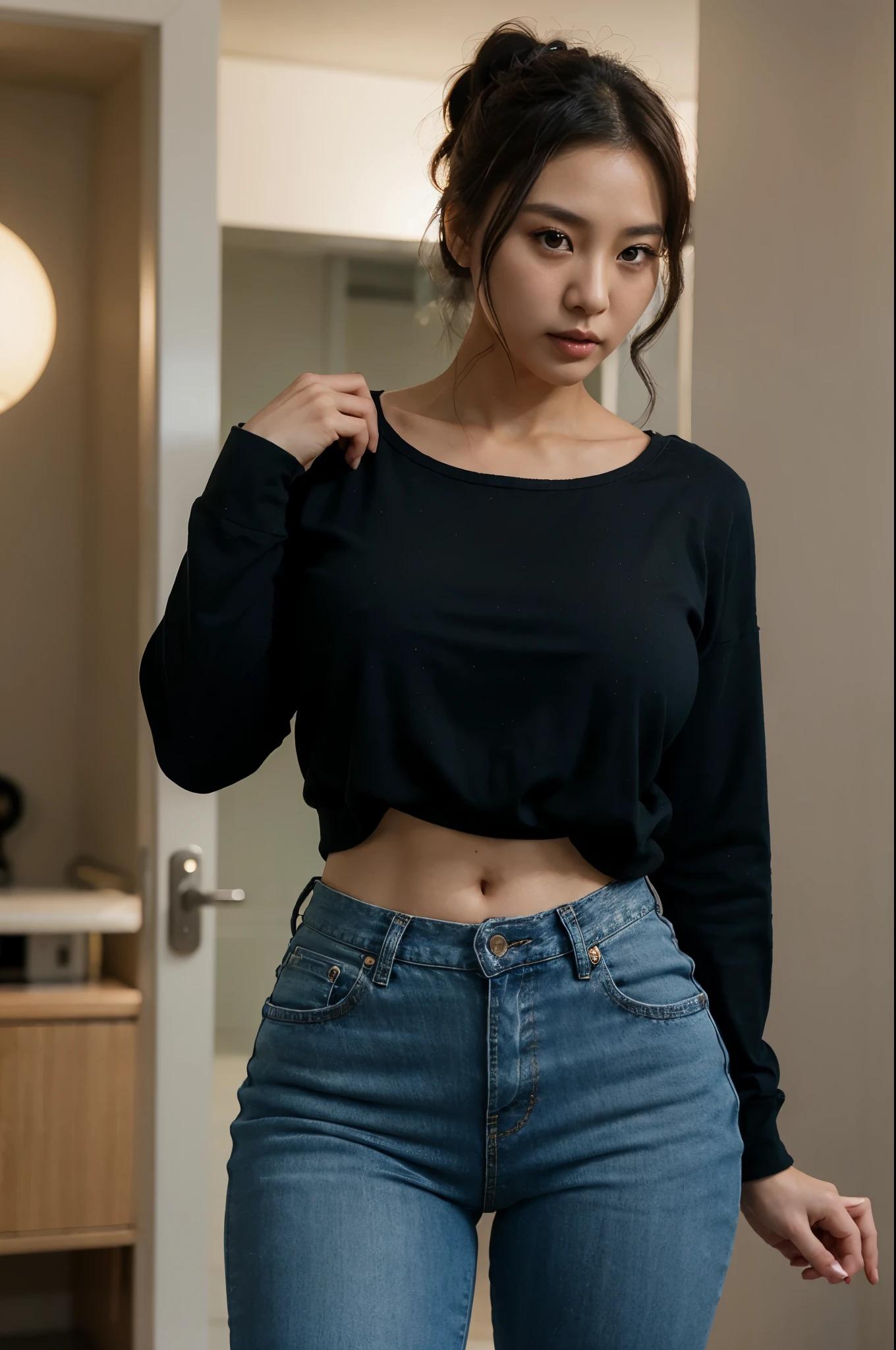 Korean woman, (40 years old), hair tied in a bun, 8k resolution render, huge thighs, (huge busts without nudity), wearing tight blue jeans, long black sleeve blouse , standing, the background is completely white, excited
