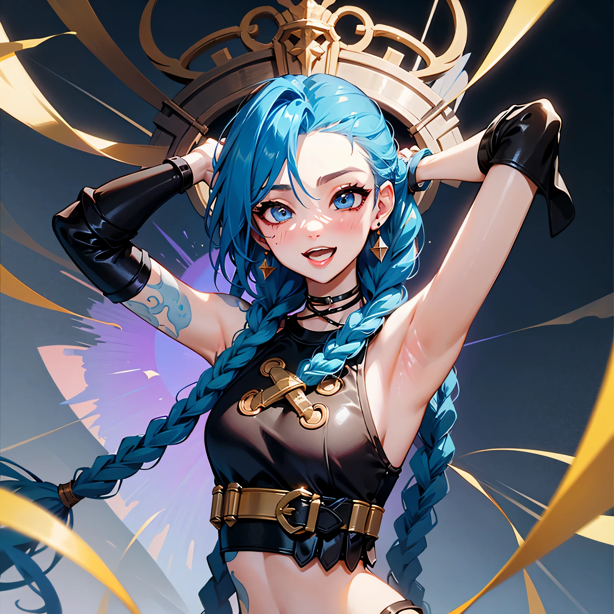 jinx \(league of legends\), 1girl,Pixar style, solo, braid, twin braids, long hair, Surprised Eyes,tattoo, piercing, belt, jewelry, earrings, (Eyes wide open:0.9),looking at viewer, arm tattoo, (Background of medieval castles:1.1), blue hair, blush, smile, v arms, choker, crop top, small breasts, green hair, shoulder tattoo, teeth, open mouth, alternate costume, midriff, pants, blue eyes,