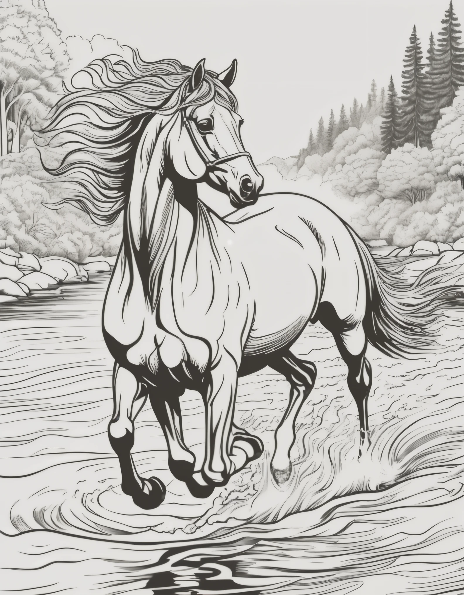 A highly detailed and hyper-detailed 8K drawing of a horse with a magnificent mane, crossing a river in a forest, monochrome, horse racing, feeling of sprinting, horizontal angle, line drawing, silhouette, landscape, a horse, drawing a line, black outlines, and Pixar style for a coloring book
Detailed background of rocky areas of South America,
ColoringBookAF, coloring books on blank white background, Redmond coloring book