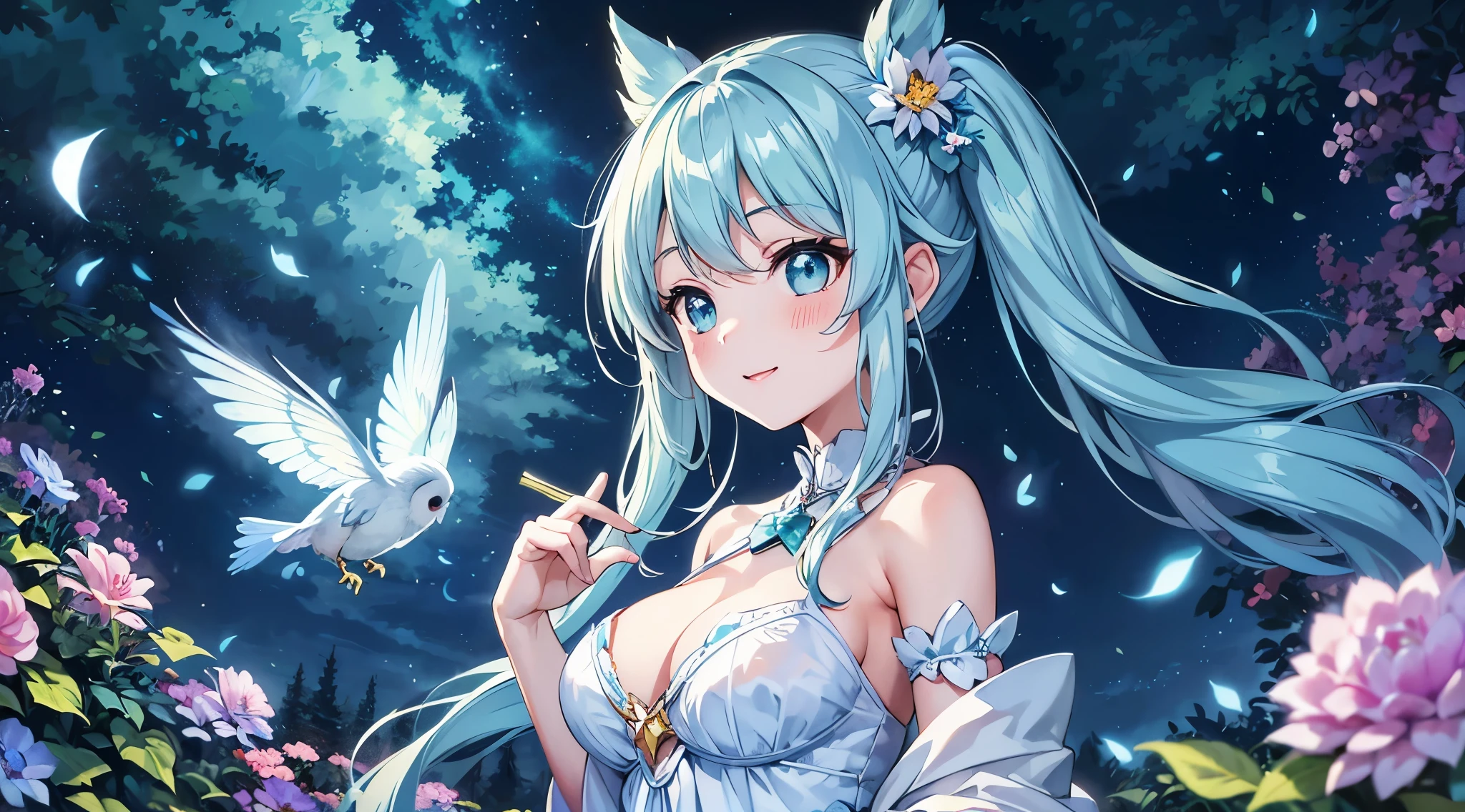 dynamic angle、 in the magical forest, A mysterious fairy girl appears, light blue long hair、The hairstyle is twintails、adorable smile、Moonlight twinkle,  flowers bloom、A big pure white owl is flying、、wood々While fluttering among the shining fireflies, Many beautiful flowers are blooming、fantastic scenery、A sky full of stars twinkles、 Creating a field where dreams and reality intersect，