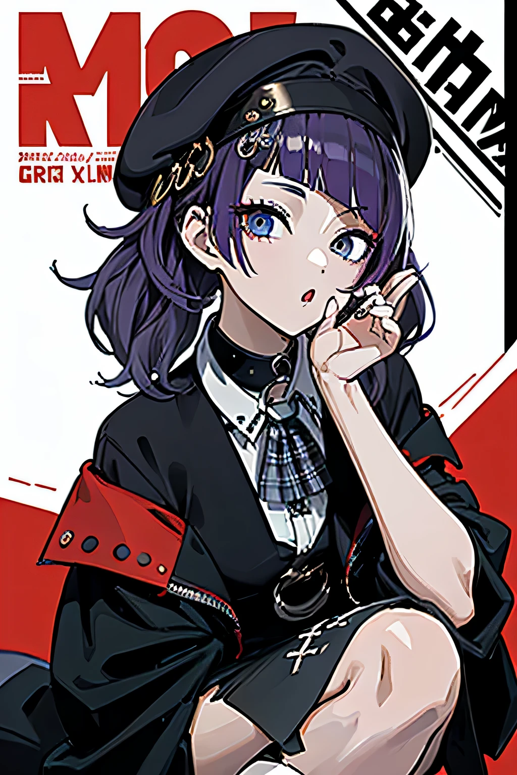 Beautiful illustration depicting a scene of a black-haired priestess crouching in a park、Include a representation of hair showing part of gray hair。Panchira(((Dramatic)))、(((gritty)))、(((vehement))))The poster of the film appears as a central character。She is shy in the center of the poster、Wearing an idol costume、Has a determined look。Beautiful gradation of red and white hair、The background is dark and rough、I feel like I'm drunk。Text is bold and eye-catching、Catchy slogans add to the overall drama and excitement。The color palette is dominated by dark colors.、Bright colors dotted、Make your poster dynamic and visually impactful、Tachi- e(magazine:1.3)、(cover-style:1.3)、solo, Red gradient streak hair, short-hair, white hair, lillie(Wakka), Black beret, plaid skirts, a choker, Cyan Sweater Jacket, shirt with collar, Black plaid tie, sleeves past fingers, bluntbangs、Fashionable、with a vibrant、outfits、the pose、the front、colourfull、Dynamic、Background with、element、self-assured、Expressively、ngel、statement、attachment、An majestic、coiled、surroundings、Touch、The scene、Texto、covers、boldface、grab attention、Titles、lo fashion、Font、Catchy、Titles、Large、grab attention、moderno、 Trendy、concentrating、Stylish、1 girl in,a miniskirt
