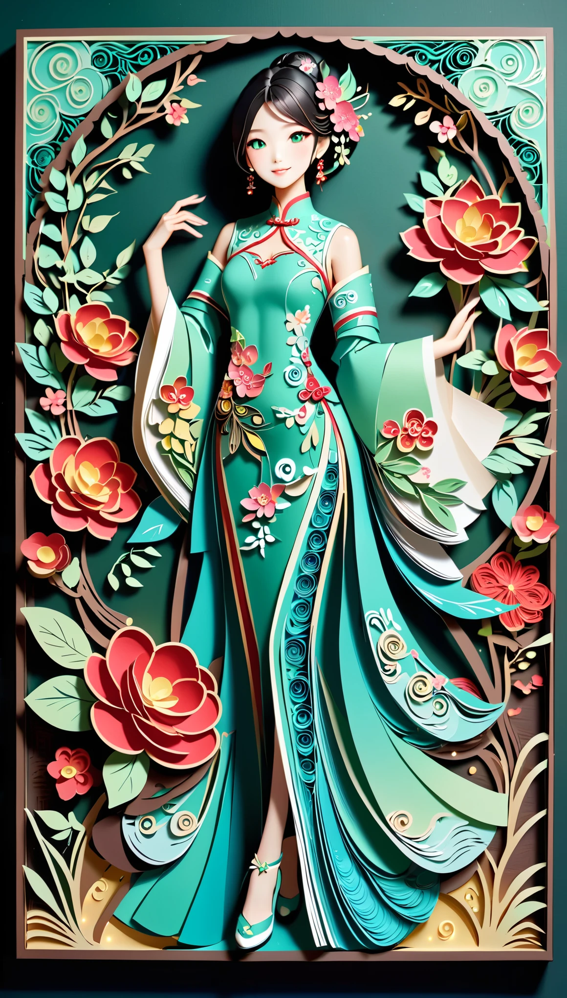 (paper art,layered paper art,paper quilling,paper-cut,paper sculpture), 1 Cheongsam woman，Slender figure，perfectly proportions，Delicate hair accessories, full body, smile，Oriental elements，simple background, mint green, (Soft Lighting, Bokeh)