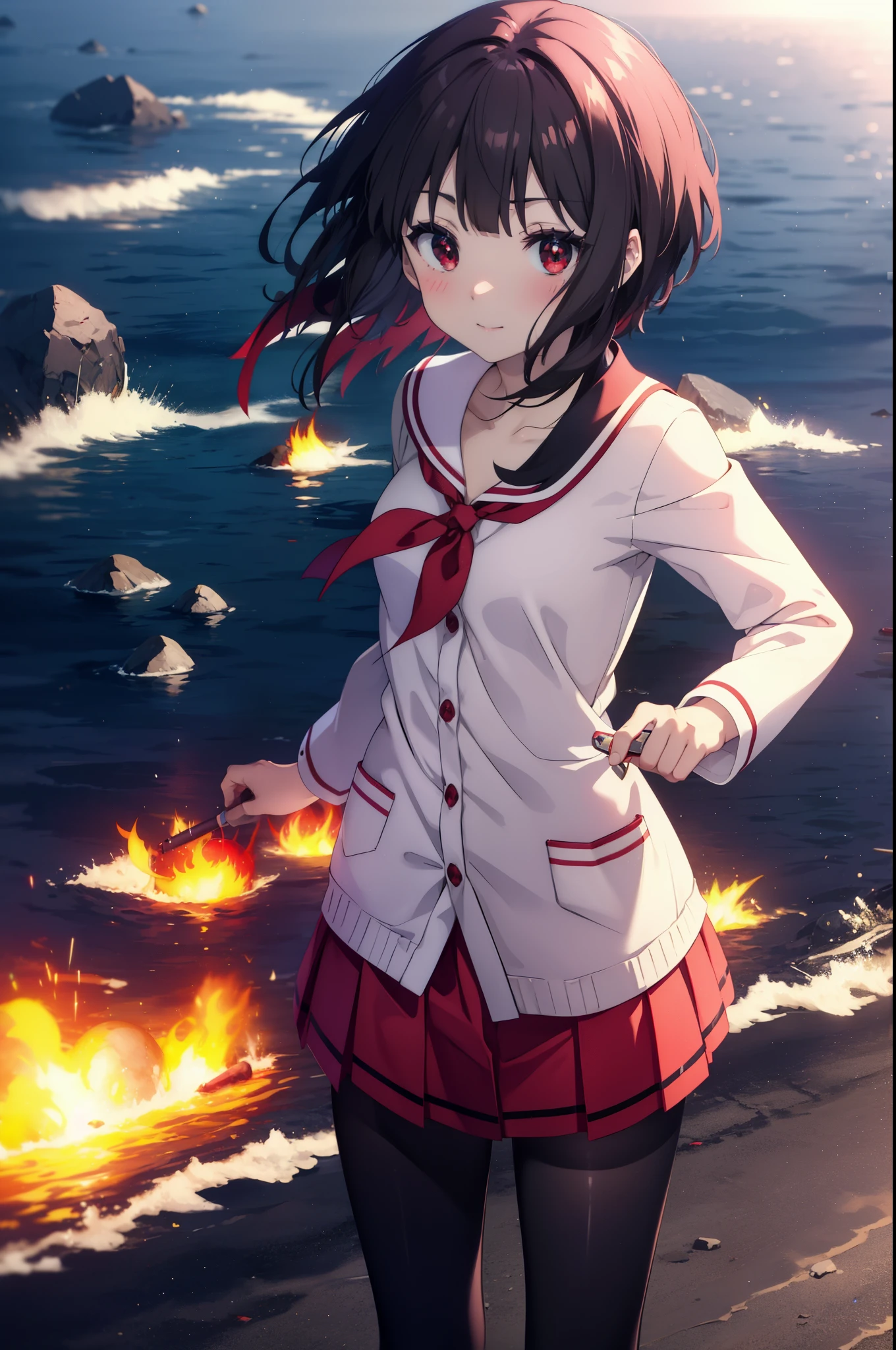 konosubaMegumin, Megumin, short hair, black hair, (red eyes:1.3), short hair with long locks,white sailor,red cardigan,black pleated skirt,gray pantyhose,brown loafers,smile,blush,He has a long magic wand in his hand.,morning、morning日,
break outdoor, 魔法学校
break looking at viewer, 
break (masterpiece:1.2), highest quality, High resolution, unity 8k wallpaper, (shape:0.8), (fine and beautiful eyes:1.6), highly detailed face, perfect lighting, Very detailed CG, (perfect hands, perfect anatomy),