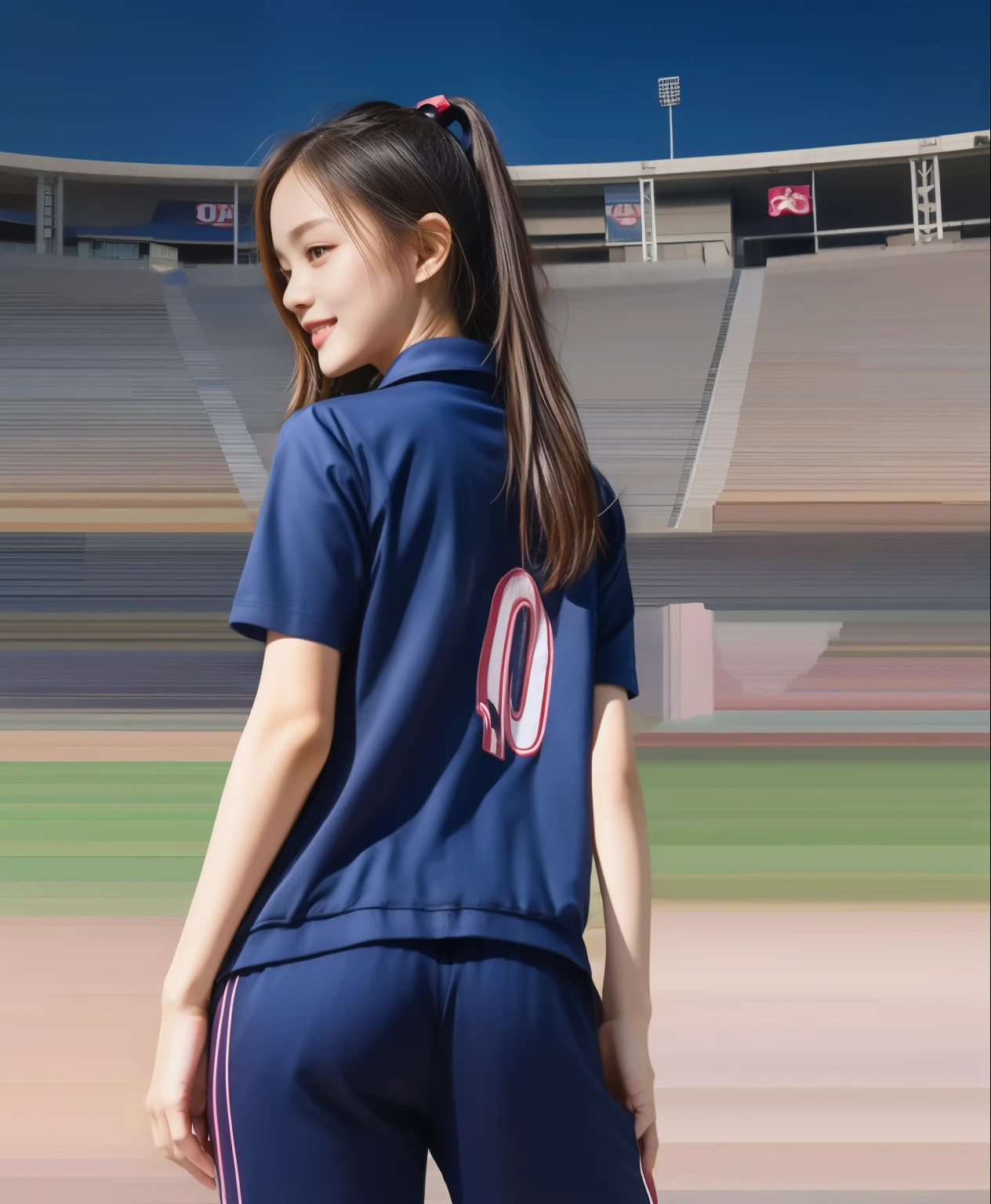 (best quality,10,10,height,Masterpiece:1.2),Special details,(realistic,ภาพrealistic,Realistic photos:1.37),1 cute girl on the football field,shiny, ผิวshiny,only,smile softly,BDclothelue shirt:1.3)),short sleeve,shirt, กางเกงขาlong.,(navy_long_track pants:1.1), ((stadium background:1.3)),Dynamic angle,excited,Face focus,dynamic poses,from behind,focus on ass,Masterpiece, best quality, ultra realistic, hyper-detail, 8K resolution, raw photos, Sharp focus, ((Navy blue shirt:1.1)), short sleeve, เส้นทางlong, perfect body, 2 mature women, 18 years old, Cinema-grade lighting system,blue sweatpants,shirtผ้าออกกำลังกาย,correct anatomy,perfect body, correct body, Sharp face, correct bodyทางกายวิภาค, full body, realistic gestures, long-haired, realistic poses,Wear long shorts................................,ช่วงขาlong,Good shape,carved girl, Slender figure, model, Good shape, beautiful body,blue sweatpants, two girls kissing