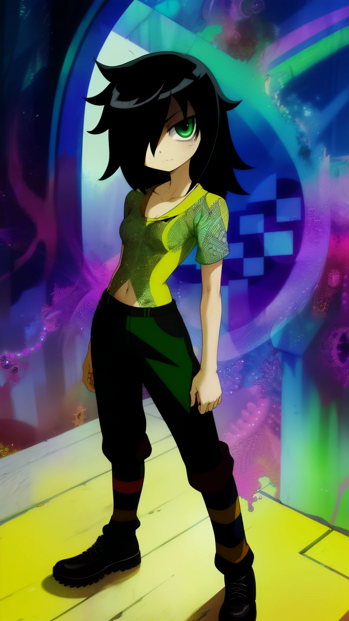 (masterpiece, highest quality, best quality, official art, beautiful and aesthetic: 1.2), (1girl), extremely detailed, (fractal art: 1.3), colorful, highest detailed, perfect face, full body, HDR, ), vivid visual effects, (dynamic stripes, luminous traces: 1.2), long black hair, tomoko, breast focus, tiny breasts, small breasts, bare breasts, naked, nude, boob window, sexy, slim figure, Detailed green eyes, Detailed face, Detailed eyes, tomoko kuroki, watamote,
