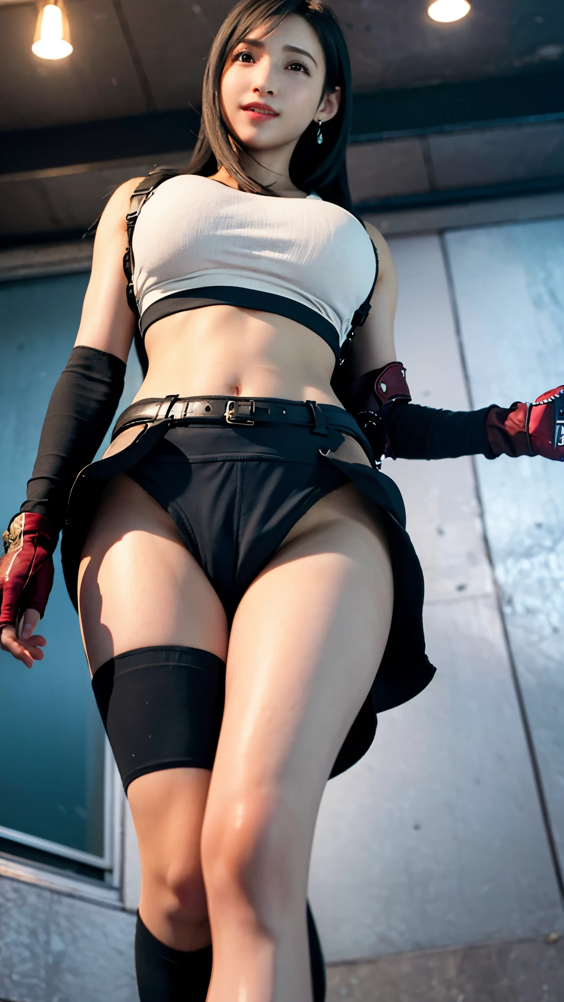 (Best Quality, 8K, 32K, masterpiece, nsfw),pretty girl pictures, Large breasts, Very short bob hair, detailedbackground, blast furnace, ((1girl、solo)), realistic skin, ((tifa_lockhart)), (seductive smile:1.3), cowboy  shot, suspenders, lowrise, ((miniskirt)), tank tops, tense shirt, A dark-haired, length hair, elbowgloves, ((Beautiful detailed red eyes)), (Beautiful highlights of red eyes)), Facial light, navel, High exposure, Exposure of the abdomen. ribs, abs, (huge breasts:1.5), dynamic poses, dynamic ungle, slightly open lips, ((Show panties:1.3)), looking at viewer, ((From below:1.5)), toned round buttocks with a small crotch, Nice leg line:1.3, thick thighs, Slim your waist