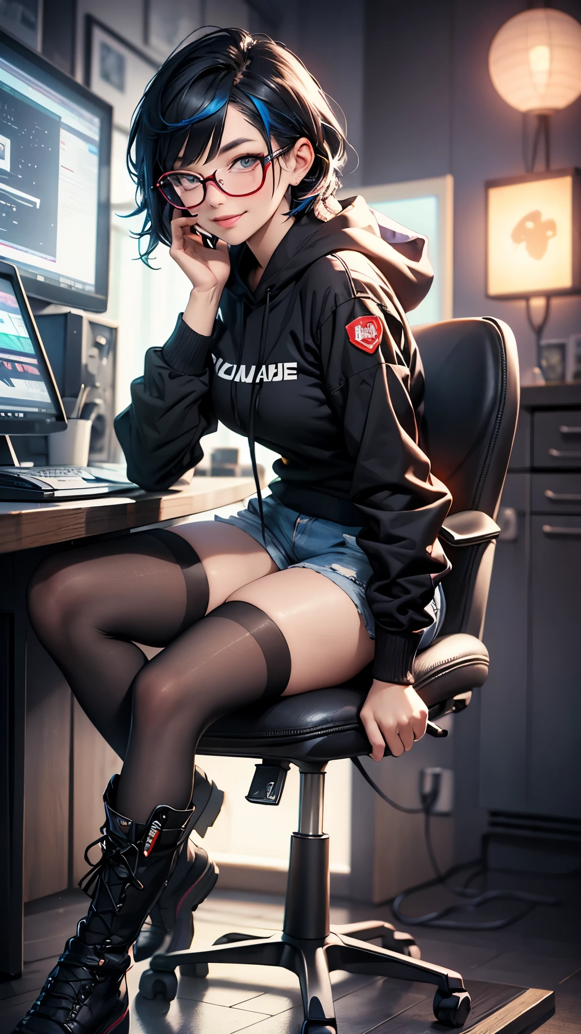 (best quality,4k,8k,highres,masterpiece:1.2),ultra-detailed,(realistic,photorealistic,photo-realistic:1.37),HDR,UHD,studio lighting,ultra-fine painting,sharp focus,physically-based rendering,extreme detail description,professional,vivid colors,bokeh, portraits

Inside the room, gaming room, gaming pc, one 18-aged girl, black short hair colored inner blue hair, sitting on the chair, grin, smile, wearing glasses, mouth-mask,cyberpunk fashion, hoodie, shorts, fishnet-pantyhose,thigh-high-race-up-long boots, vivid colors, studio lighting, ultra-detailed portraits.
