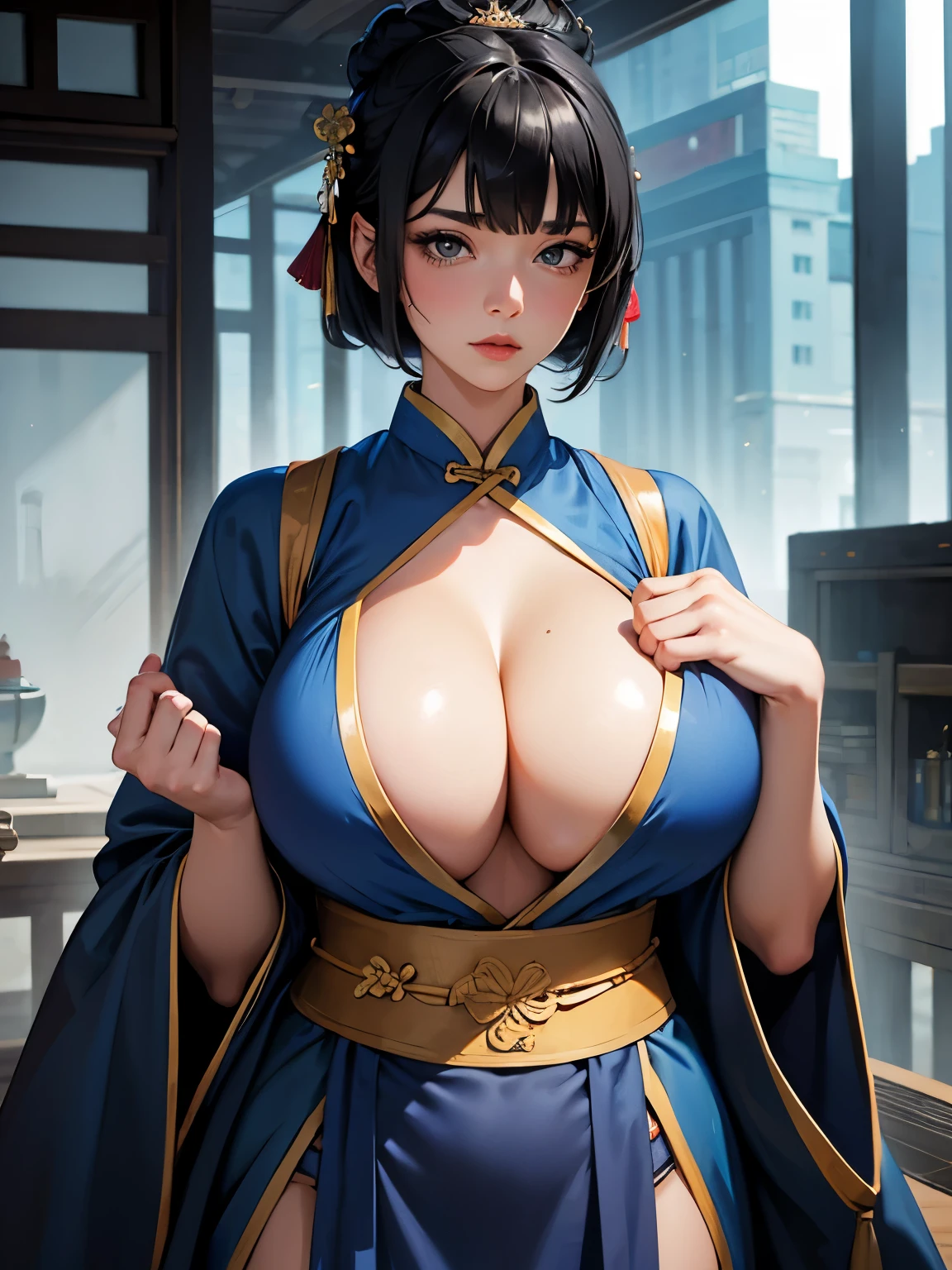 girl, standing, ((huge breasts)), short black hair, blue hanfu, cleavage