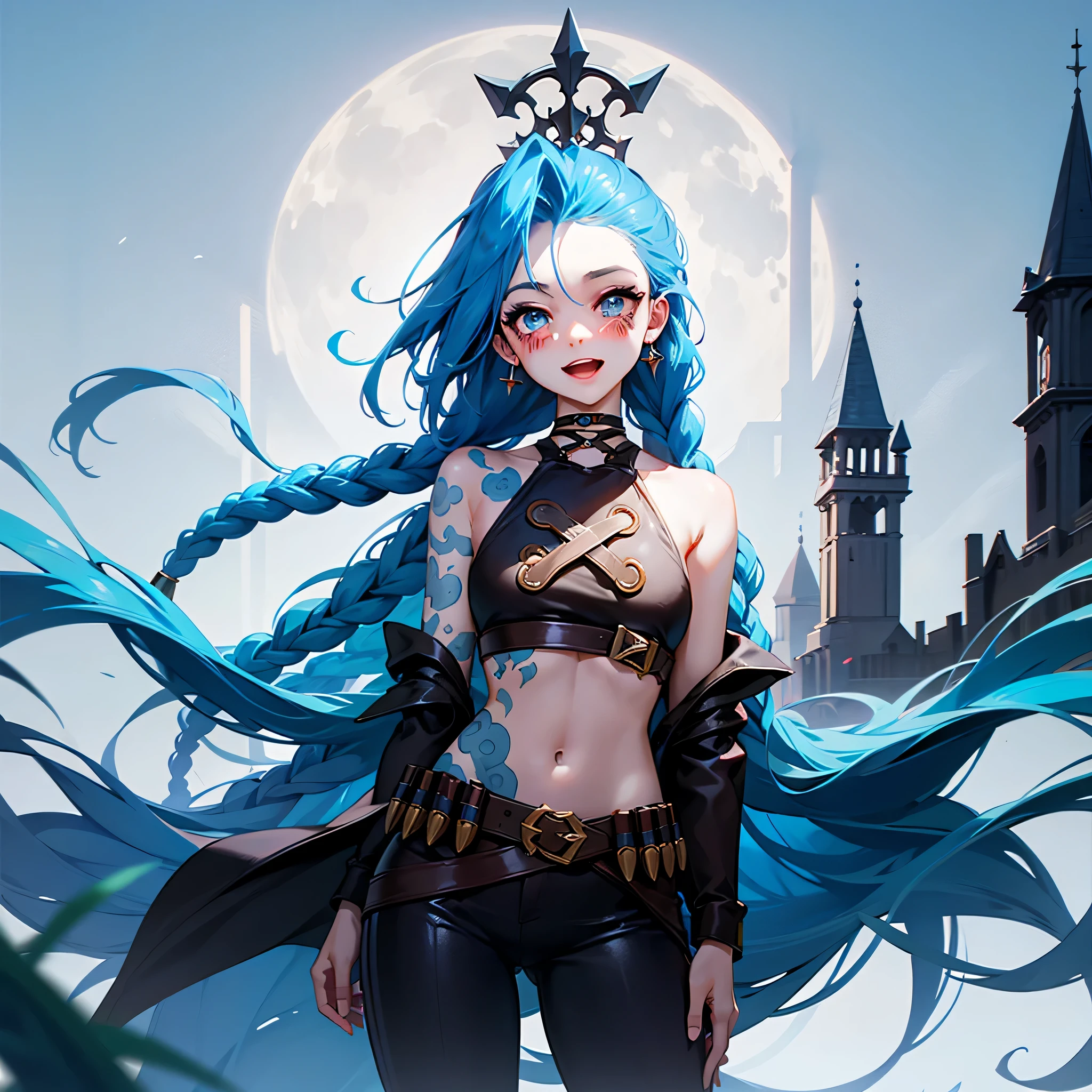 jinx \(league of legends\), 1girl,Pixar style, solo, braid, twin braids, long hair, Surprised Eyes,tattoo, piercing, belt, jewelry, earrings, (Eyes wide open:0.9),looking at viewer, arm tattoo, (Background of medieval castles:1.1), blue hair, blush, smile, v arms, choker, crop top, small breasts, green hair, shoulder tattoo, teeth, open mouth, alternate costume, midriff, pants, blue eyes,