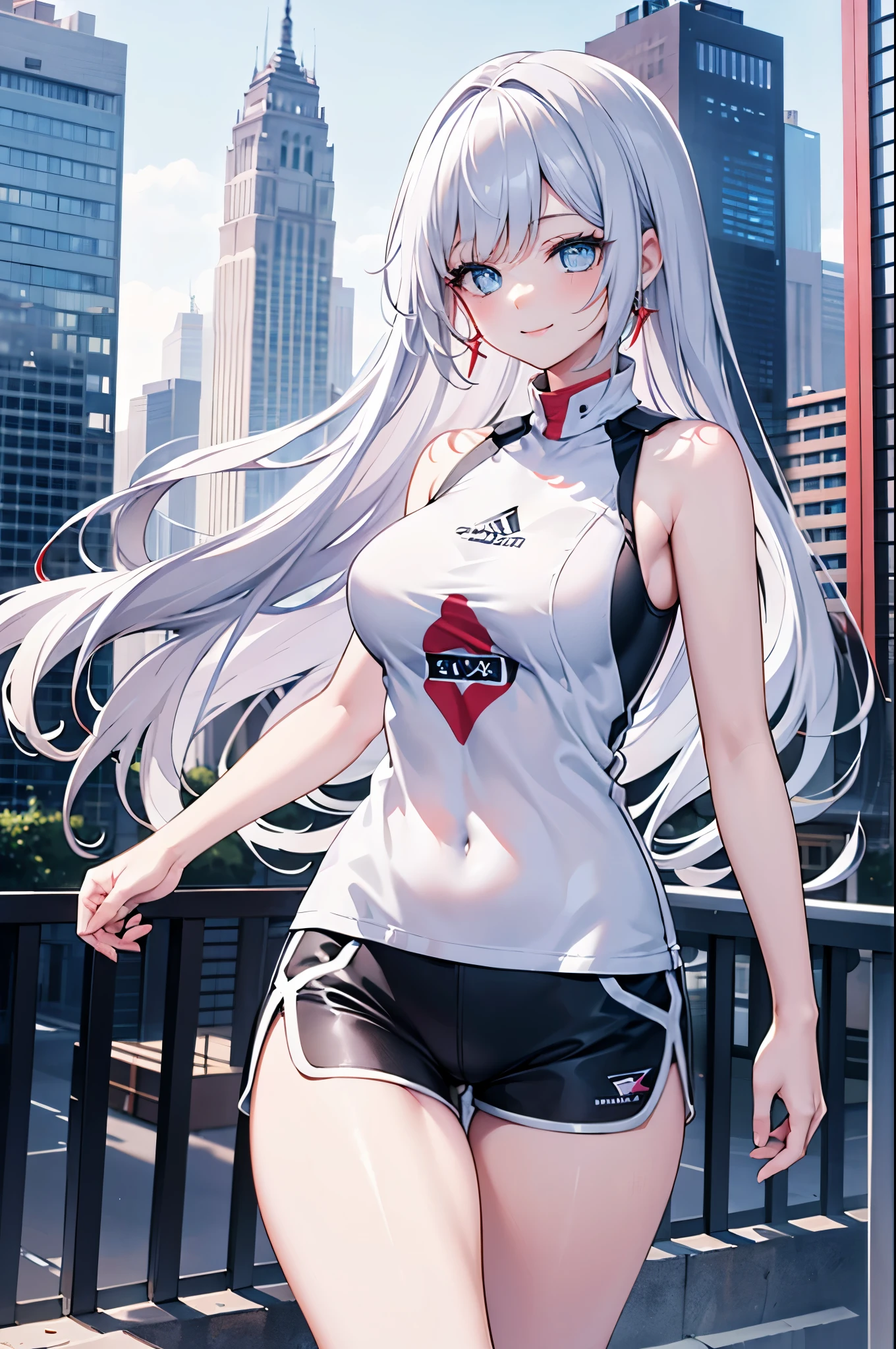 Realistic image, Detailed image, 1 girl. Long silky hair, silver hair, blue eyes, long eyelashes. Short sleeveless sports t-shirt, ripped shorts, sports shoes. Curvy body, medium breasts, thick thighs. smiling. Urban background, surrounded by buildings. Volumetric light. Ambient light.