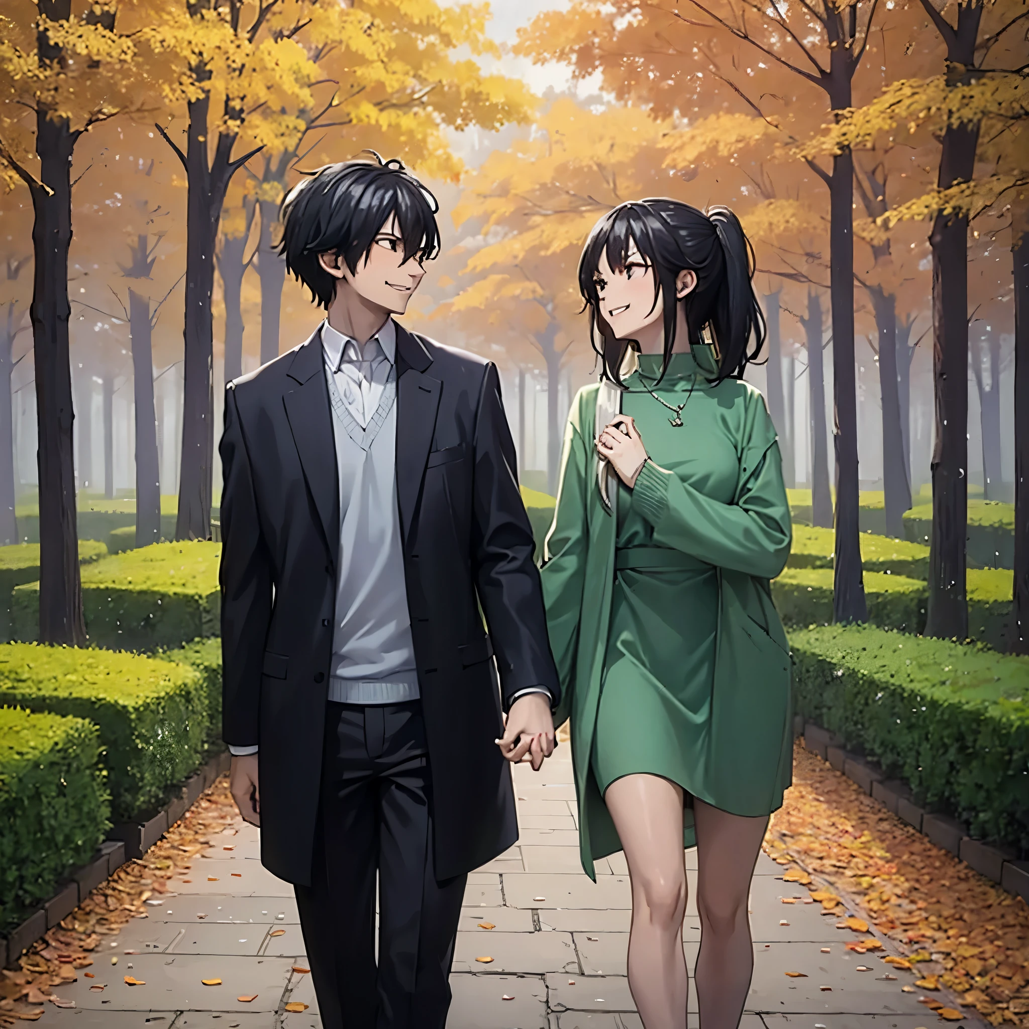 a man holding his wife's hand, in a park set in autumn, smiling
