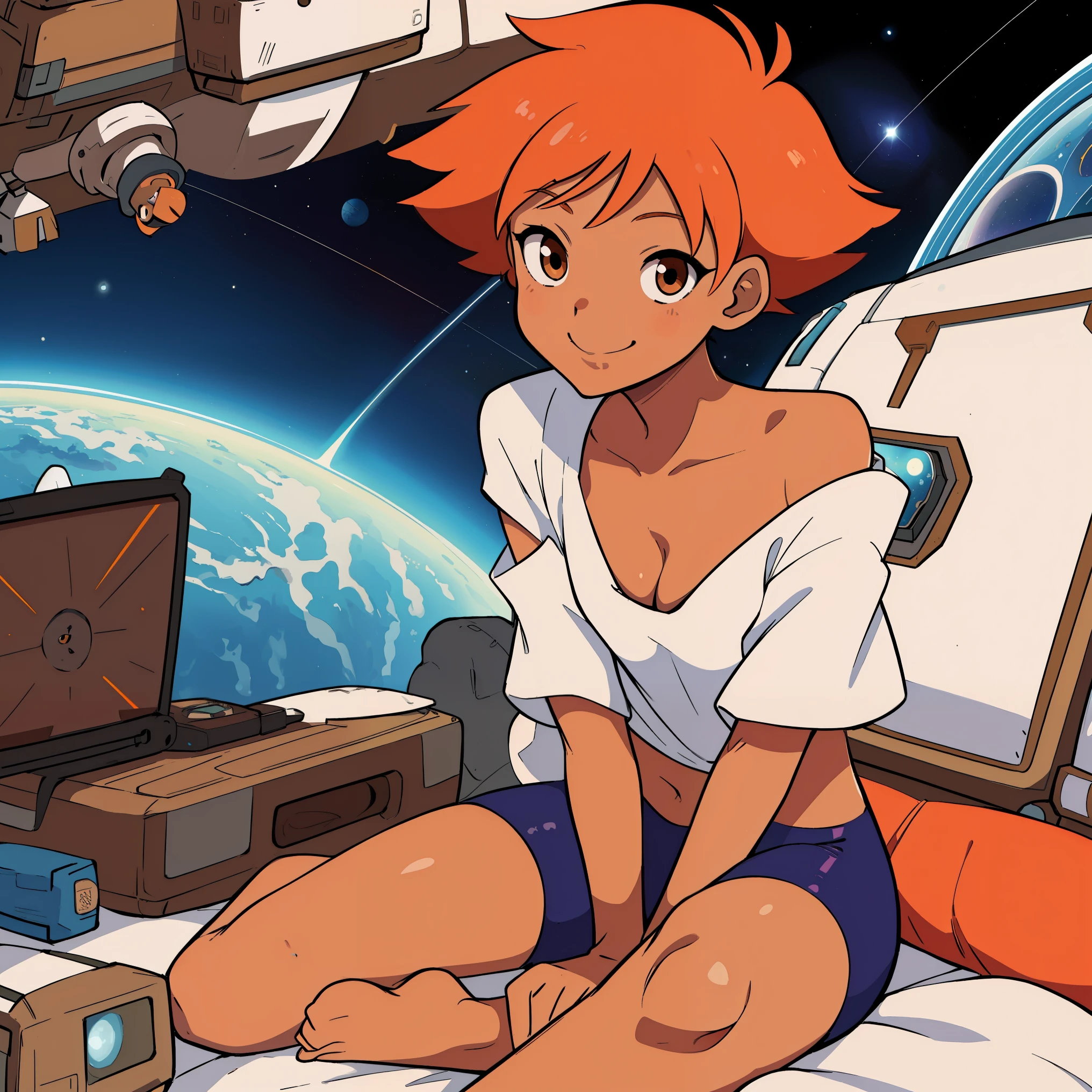 Edward,sitting on floor, laptop in front, midriff,orange hair,white shirt,off shoulder,collarbone,tan skin, black bike shorts,goggles, brown eyes, space station, (((space station background))) smiling, bedroom eyes, breasts, cleavage (insanely detailed, beautiful detailed face, masterpiece, best quality),