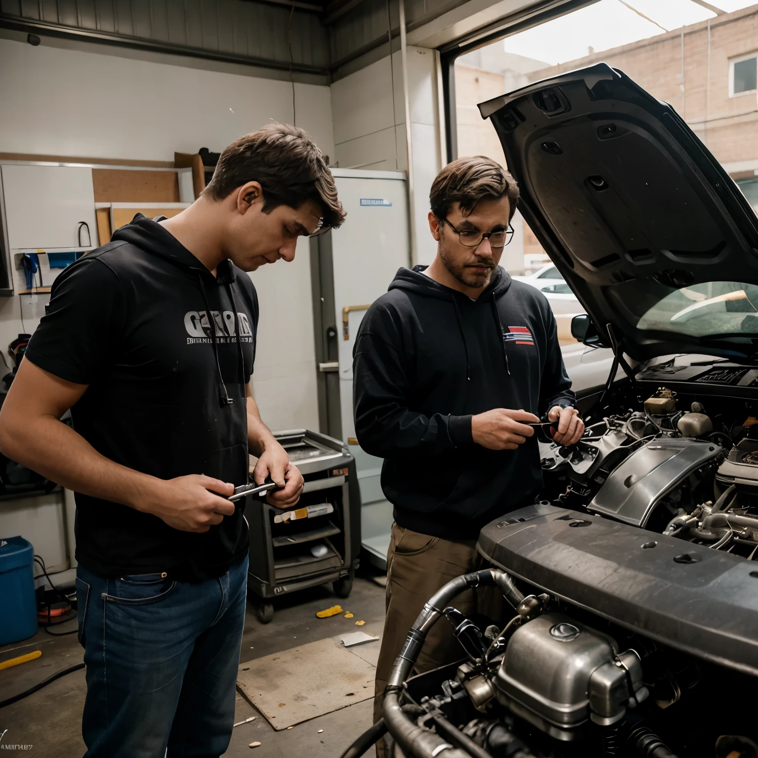 Envision a moment where a father and his son stand side by side, both focused and determined, as they inspect the engine of their car. The father, imparting his knowledge and expertise, points out various components to his eager son, who watches with rapt attention, eager to learn. Describe the scene with attention to detail: the hood of the car propped open, tools scattered nearby, and perhaps a sense of pride and accomplishment evident on the faces of both father and son as they work together to troubleshoot and maintain their vehicle.