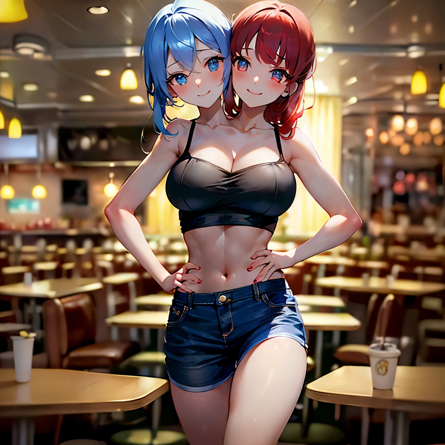 (masterpiece),(ultra-detailed), (high quality), (high resolution), (best quality:1.5, highres, UHD), highres, absurdo, ultra detail, ultra quality, Ultra resolution, 16k, 1girl, (2heads:1.5), girl with two heads, ((red hair)), ((blue hair)), different hair colors) smiling, ((black blazer over a blue crop top)), blue jeans, wearing heeled boots, (detailed glowing blue eyes, casual dress, sexy proportions, (exposed midriff), thighs, Beautiful girl with accentuated slender abs, eyeshadow, fast food restaurant 