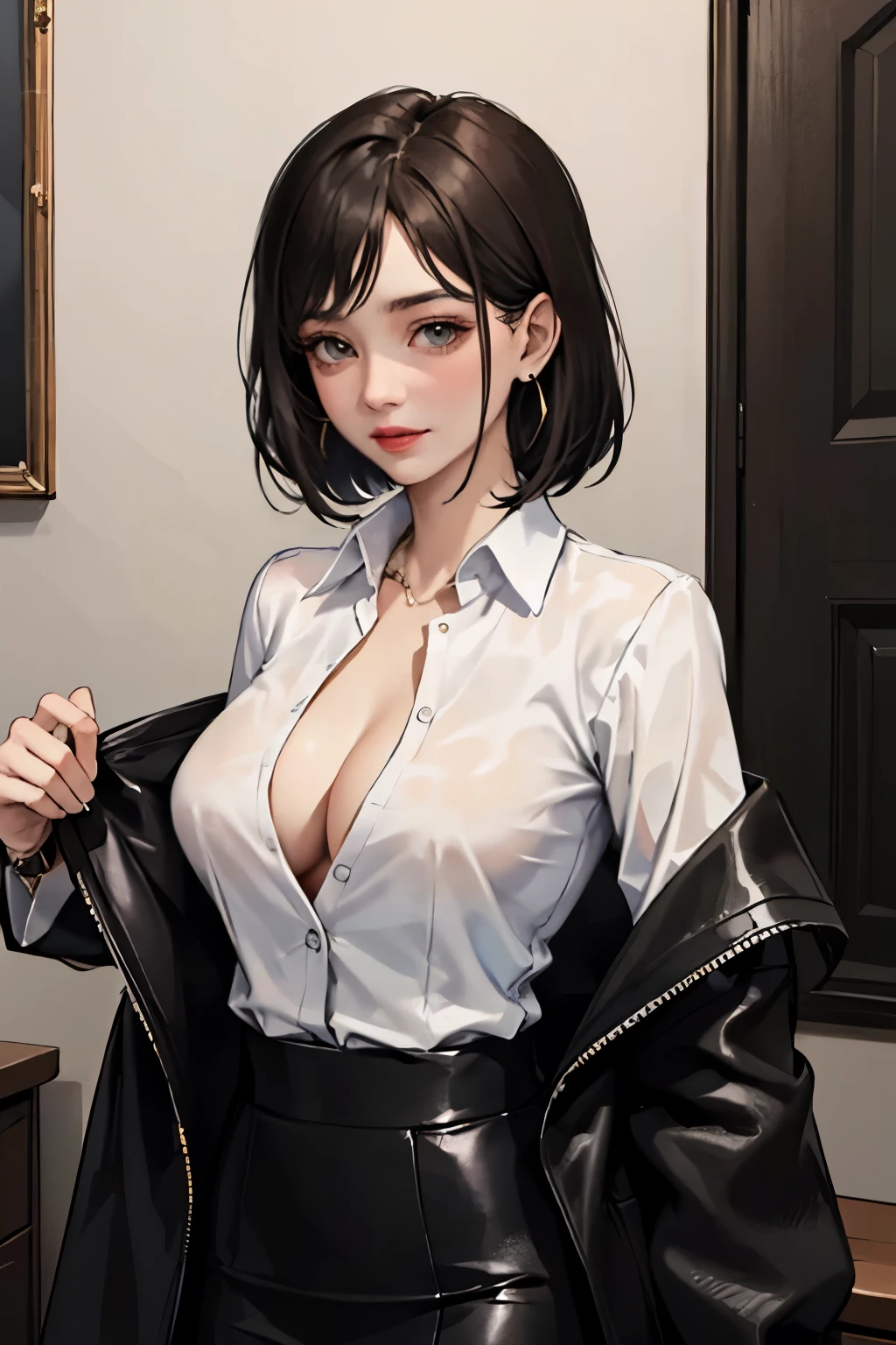 (Masterpiece: 1.2, Top Quality), Mature Woman, Solo, Upper Body, Bob Hair, Curvy, Smooth Straight Hair, Stylish Lip Color, Luxury Watch, Black Jacket, White Shirt, Black Tight Skirt, In-House, Earrings , (comes closer to me), shy, blushing, cleavage, look at me,