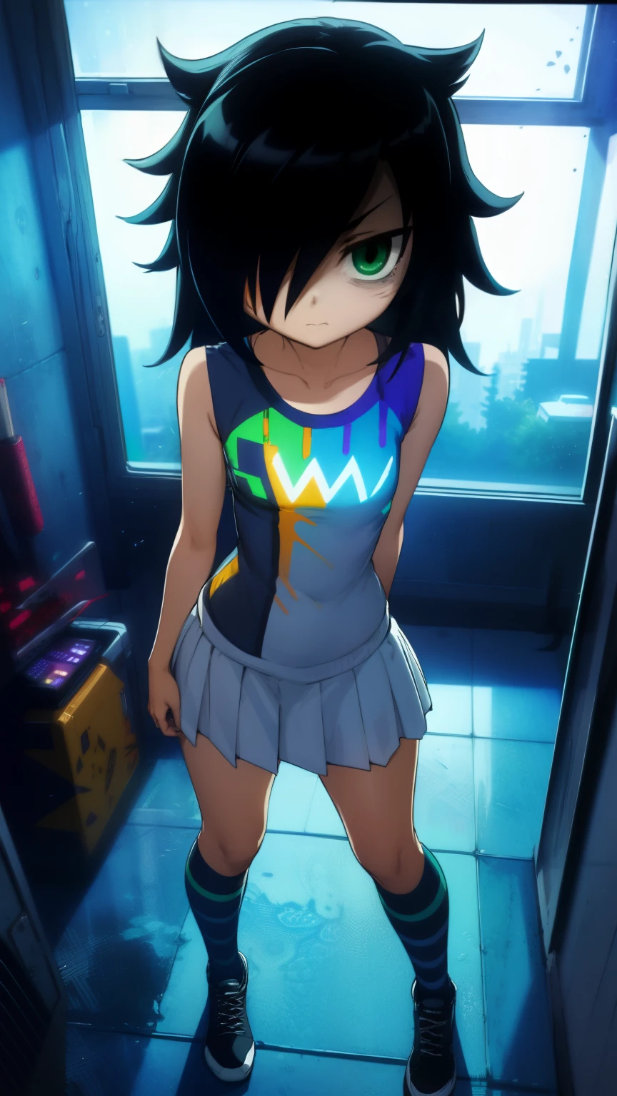 (masterpiece, highest quality, best quality, official art, beautiful and aesthetic: 1.2), (1girl), extremely detailed, (fractal art: 1.3), colorful, highest detailed, perfect face, full body, HDR, ), vivid visual effects, (dynamic stripes, luminous traces: 1.2), long black hair, tomoko, breast focus, tiny breasts, small breasts, bare breasts, naked, nude, boob window, sexy, slim figure, Detailed green eyes, Detailed face, Detailed eyes, tomoko kuroki, watamote, 