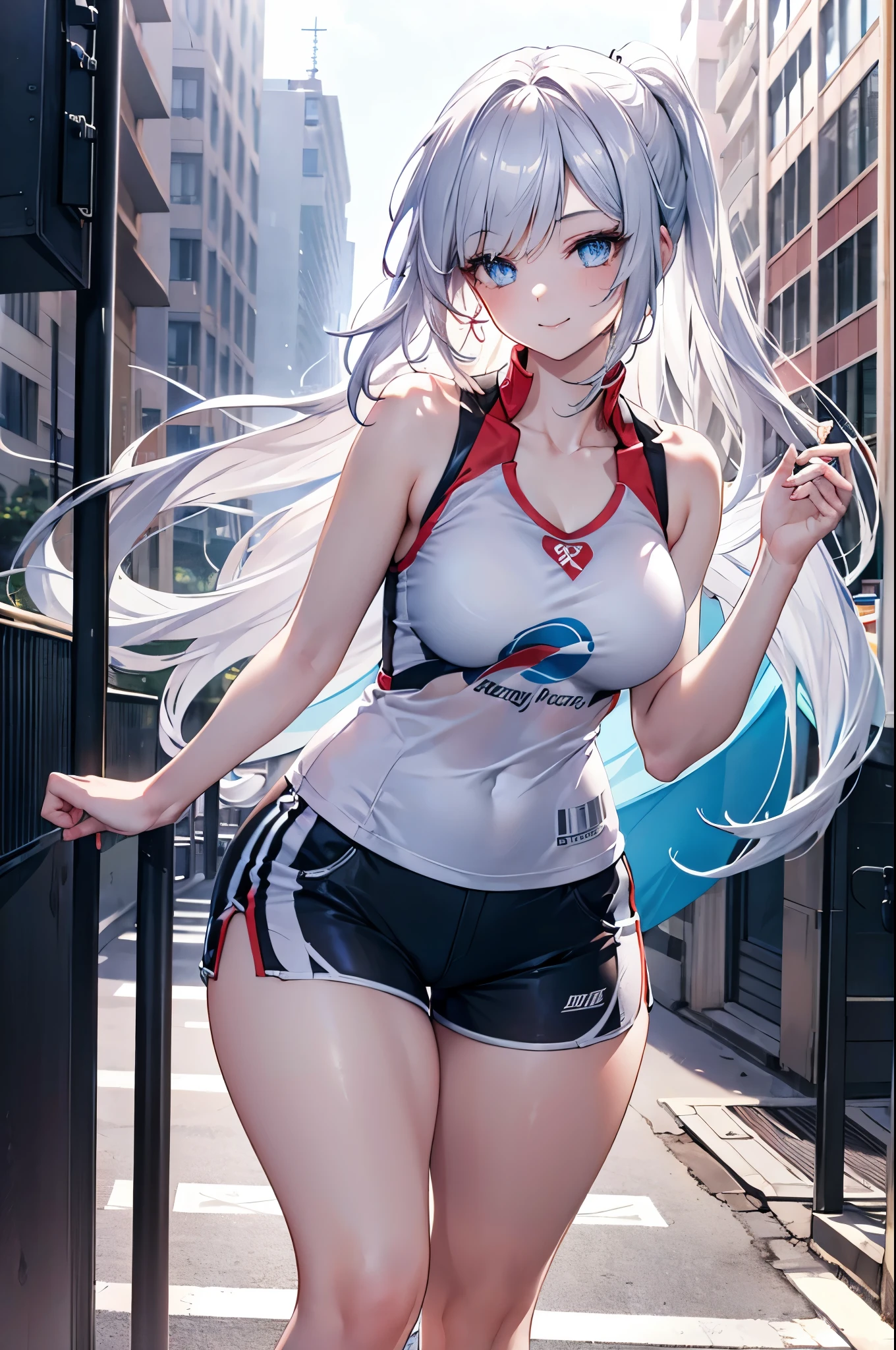 Realistic image, Detailed image, 1 girl. Long silky hair, silver hair, blue eyes, long eyelashes. Short sleeveless sports t-shirt, ripped shorts, sports shoes. Curvy body, medium breasts, thick thighs. smiling. Urban background, surrounded by buildings. Volumetric light. Ambient light.