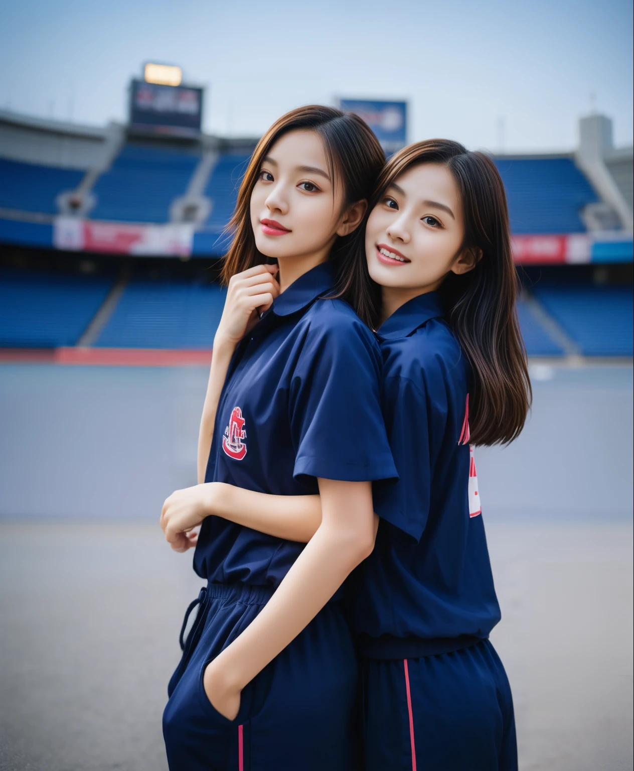 (best quality,10,10,height,Masterpiece:1.2),Special details,(realistic,ภาพrealistic,Realistic photos:1.37),1 cute girl on the football field,shiny, ผิวshiny,only,smile softly,BDclothelue shirt:1.3)),short sleeve,shirt, กางเกงขาlong.,(navy_long_track pants:1.1), ((stadium background:1.3)),Dynamic angle,excited,Face focus,dynamic poses,from behind,focus on ass,Masterpiece, best quality, ultra realistic, hyper-detail, 8K resolution, raw photos, Sharp focus, ((Navy blue shirt:1.1)), short sleeve, เส้นทางlong, perfect body, 2 mature women, 18 years old, Cinema-grade lighting system,blue sweatpants,shirtผ้าออกกำลังกาย,correct anatomy,perfect body, correct body, Sharp face, correct bodyทางกายวิภาค, full body, realistic gestures, long-haired, realistic poses,Wear long shorts................................,ช่วงขาlong,Good shape,carved girl, Slender figure, model, Good shape, beautiful body,blue sweatpants, two girls kissing