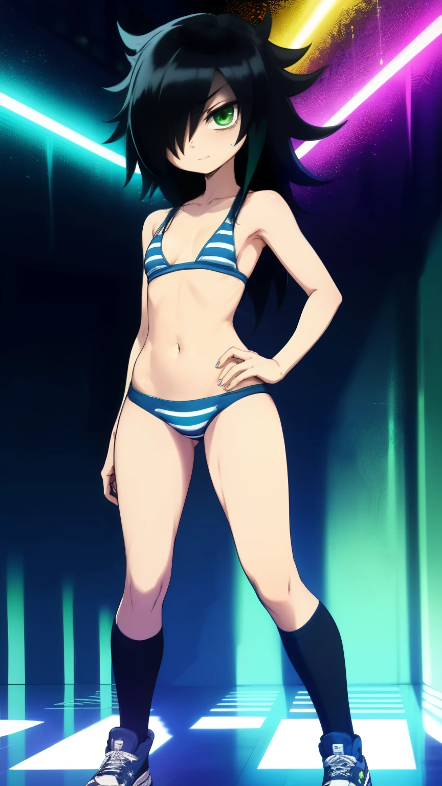 (masterpiece, highest quality, best quality, official art, beautiful and aesthetic: 1.2), (1girl), extremely detailed, (fractal art: 1.3), colorful, highest detailed, perfect face, full body, HDR, ), vivid visual effects, (dynamic stripes, luminous traces: 1.2), long black hair, tomoko, breast focus, tiny breasts, small breasts, bare breasts, naked, nude, boob window, sexy, slim figure, Detailed green eyes, Detailed face, Detailed eyes, tomoko kuroki, watamote,