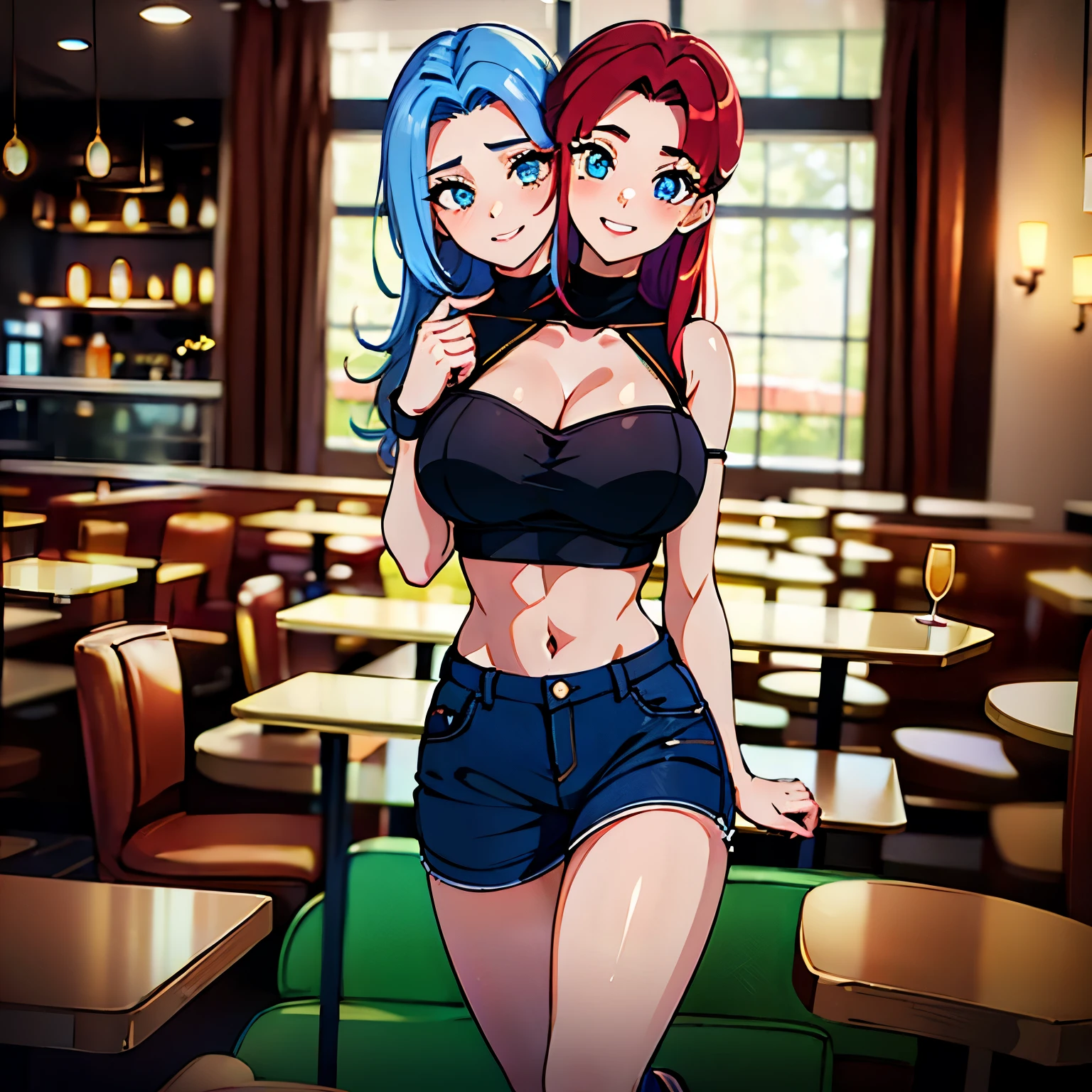 (masterpiece),(ultra-detailed), (high quality), (high resolution), (best quality:1.5, highres, UHD), highres, absurdo, ultra detail, ultra quality, Ultra resolution, 16k, 1girl, (2heads:1.5), girl with two heads, ((red hair)), ((blue hair)), different hair colors) smiling, ((black blazer over a blue crop top)), blue jeans, wearing heeled boots, (detailed glowing blue eyes, casual dress, sexy proportions, (exposed midriff), thighs, Beautiful girl with accentuated slender abs, eyeshadow, fast food restaurant