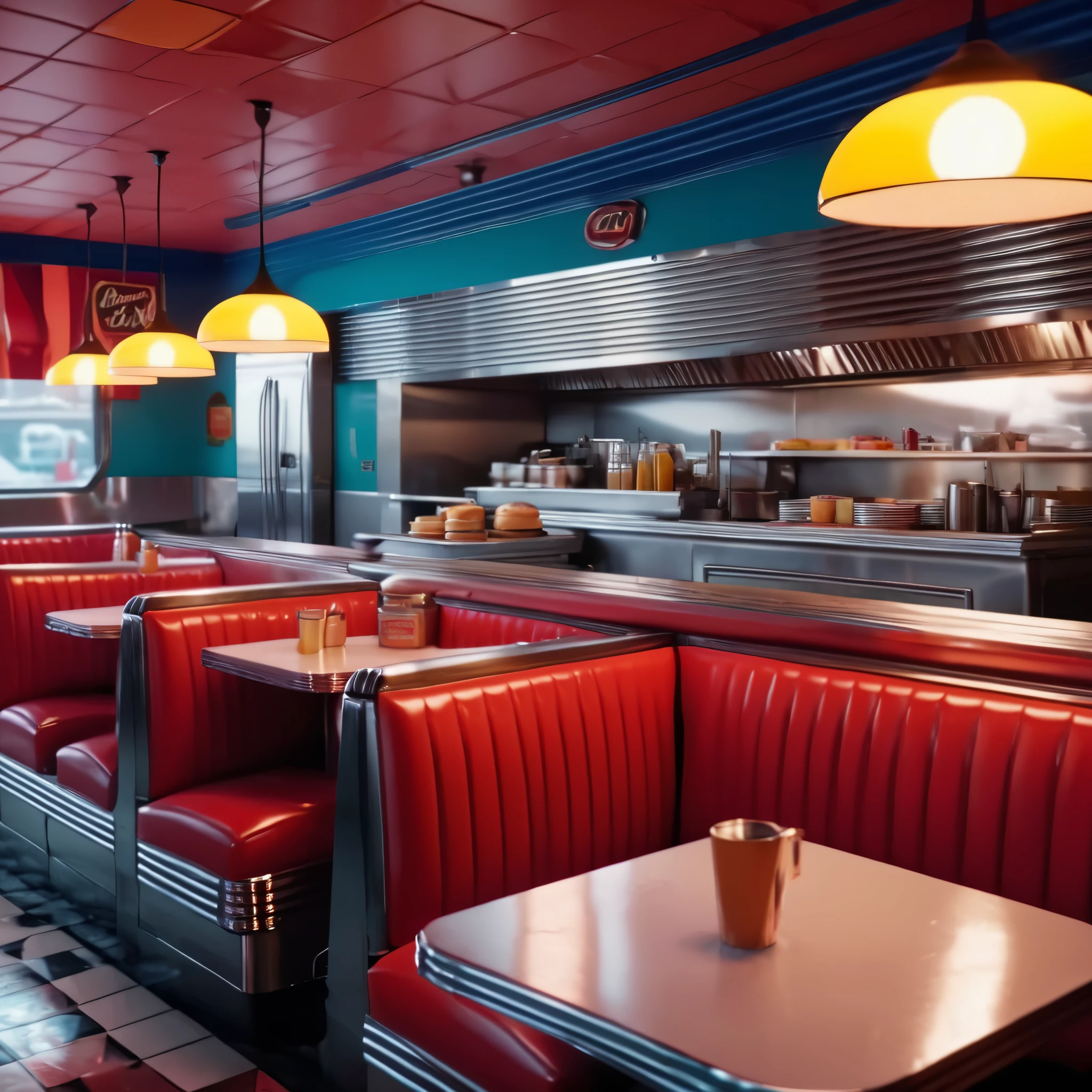 create an image demonstrating the style of ((Diner)) style, hyper realism, 8k high definition, vibrant colors, sharp focus, insanely detailed