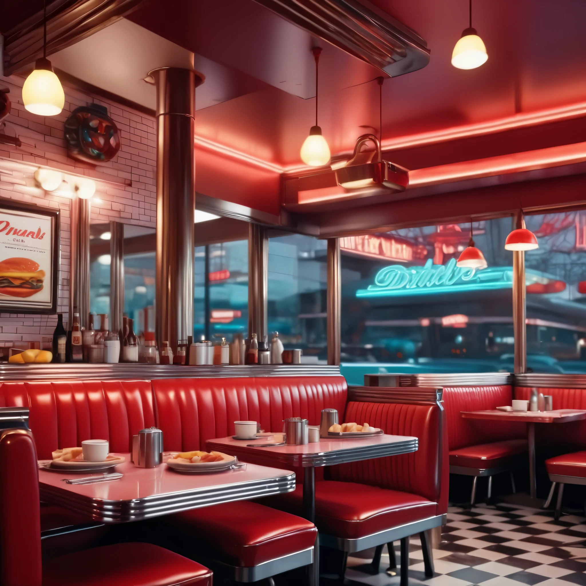 create an image demonstrating the style of ((Diner)) style, hyper realism, 8k high definition, vibrant colors, sharp focus, insanely detailed