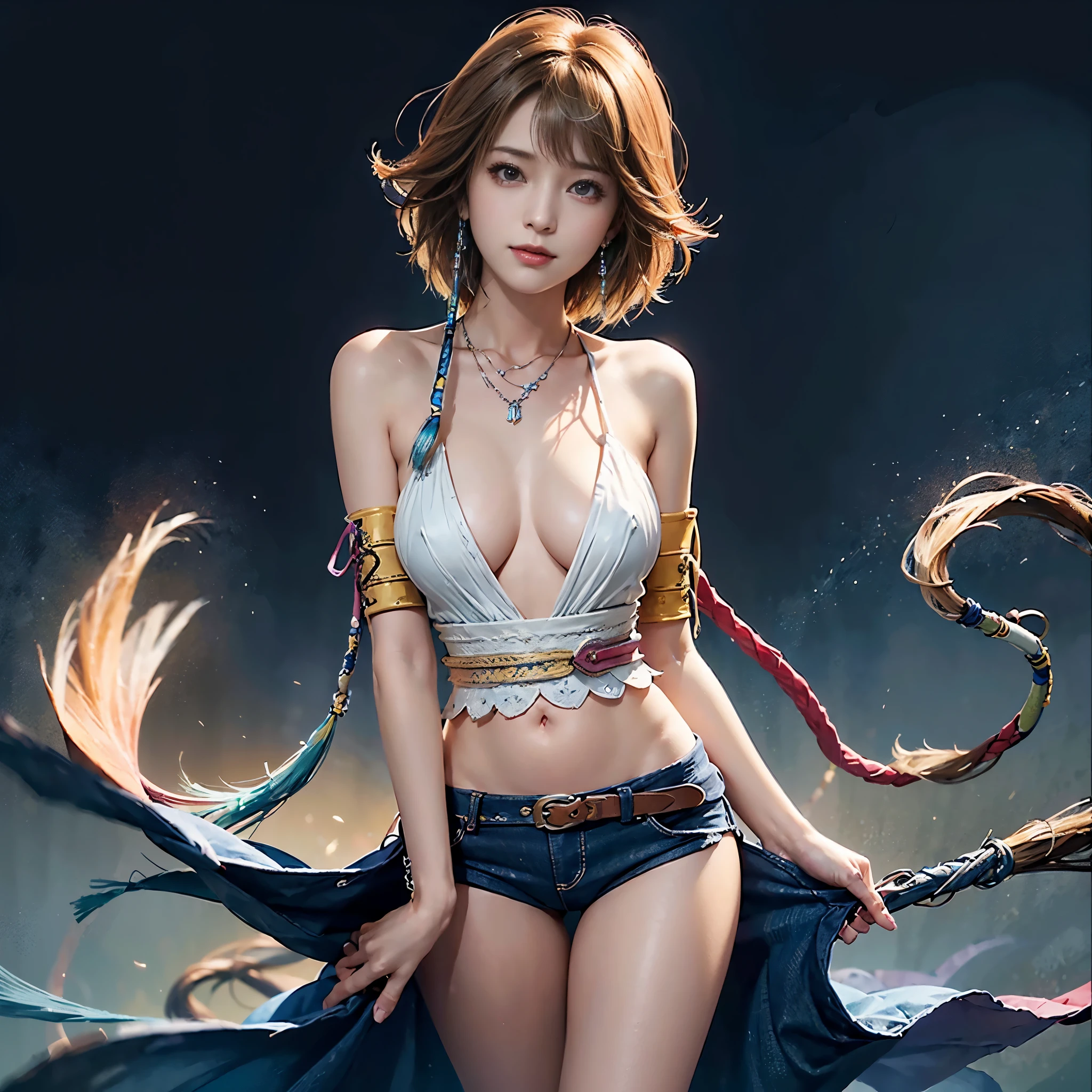 4k,1、topless, High resolution, super detailed), 1 female, 28 years old, Final Fantasy Yuna x2, More mature, ((simple background)), Plain dark background, ((There is nothing in the background)), surreal, Yuna&#39;s Final Fantasy costume, Yuna&#39;s original costume design from Final Fantasy X2, (((nsfw://www.Creative Uncut.。.。.and/Gallery-01/ff10-2-Yuna 2...html))), Denim shorts exposed to tatters, Features of asymmetrical clothing, belt on left hip, Optimal clothing simulation, not a necklace, 1 female, Windy nights, Yuna's Bob Hairstyles, Big breasts, cleavage, middle_chest, thick body, smile, lack of droopy sleeves,, close up shot, shot from the front, zoomed in shot, Access HIPS image scope, smile with closed mouth, from head to waist, Characters looking at the camera, I&#39;m watching you, Yuna FFX, blue bead earrings