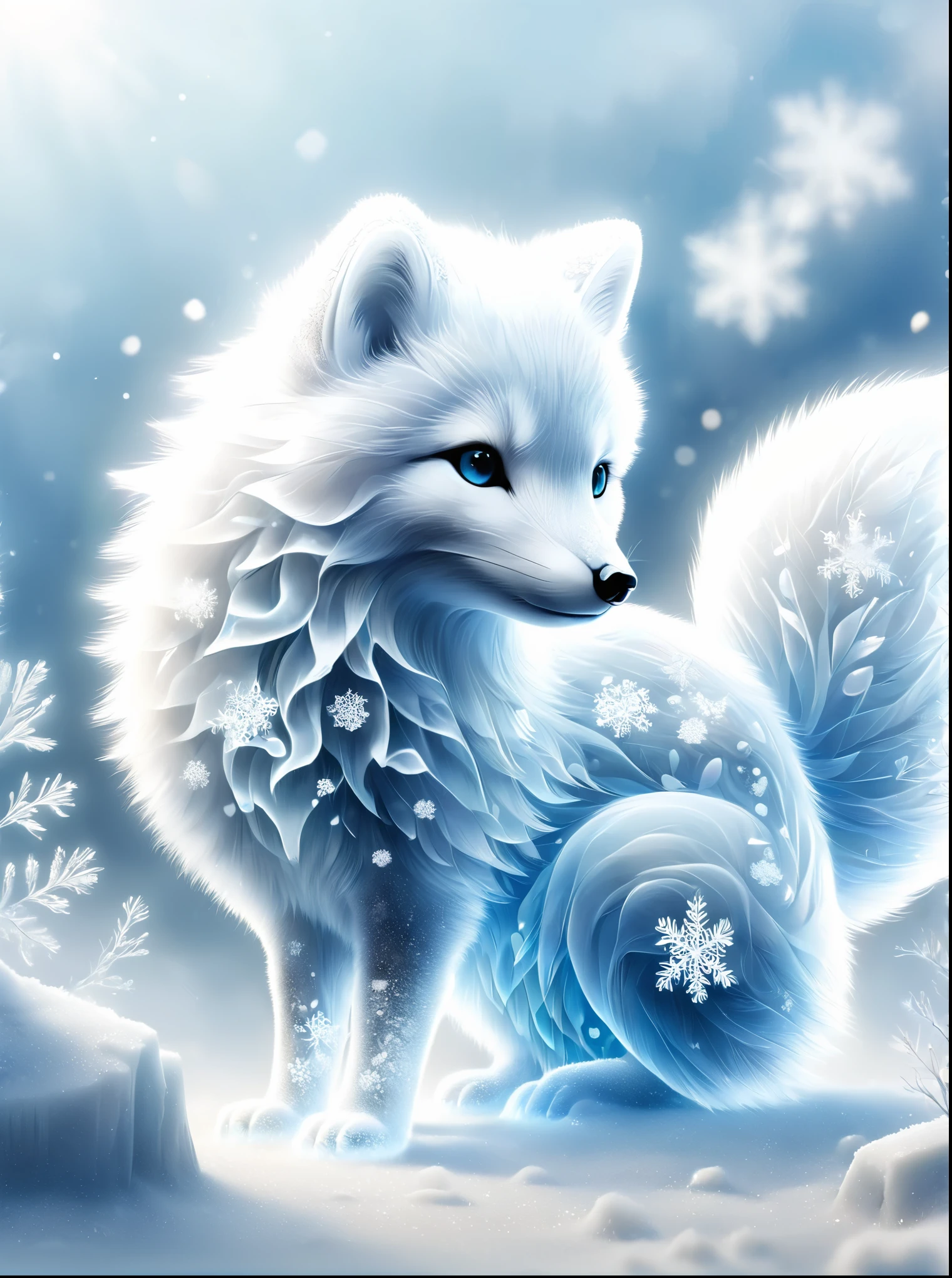 Crystal style, High quality fantasy art of beautiful arctic fox made of clear crystal, glow within, Exquisite statues, kawaii, chibi, Lovely, Arctic foxes are famous for their elegant white fur and agile posture,They stand out in the snow-covered Arctic environment。Let's imagine,An arctic fox walks through the frozen ground and snowdrifts on a cold winter day,Its steps are light and faseems to blend perfectly with the surrounding white snow。Its fur shines in the sun,Reflects dazzling white light,Surrounded by a field of pure white snow,Occasionally decorated with ice and snowflakes。The arctic fox's eyes are focused and penetrating,Revealing its keen perception of the environment and survival wisdom。this moment,Arctic fox looking for food or exploring its territory,Every movement it makes looks particularly elegant and confident。