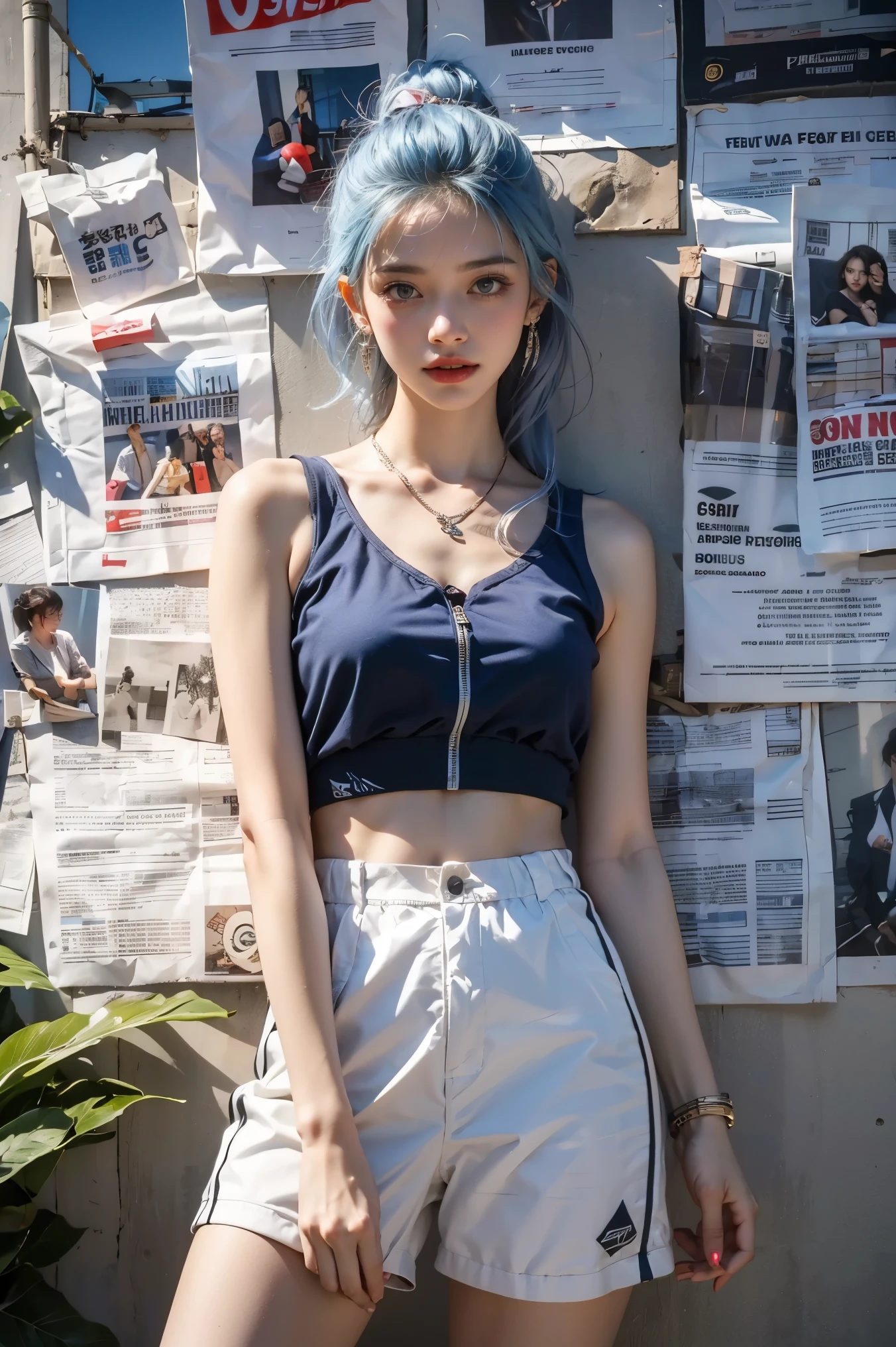 1girl,solo,Standing,(white|blue|Gradient_hair),jewelry,Earrings, Necklace,{JK}, Newspaper wall,medium breasts,clothes writing,, extremely detailed, 8k wallpaper, highly detailed, best quality,sportswear,huliya
