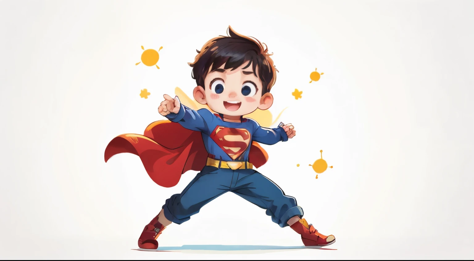 spring，The  is in good health，do superman moves，long sleeves trousers，White background，Color illustration for children，a sticker，vector style, No rating， (masterpiece: 1.2) (actual: 1.2) (Bokeh) (best quality) (Delicate skin: 1.3) (intricate details) (8k) (Eye details) (sharp focus), (happy)