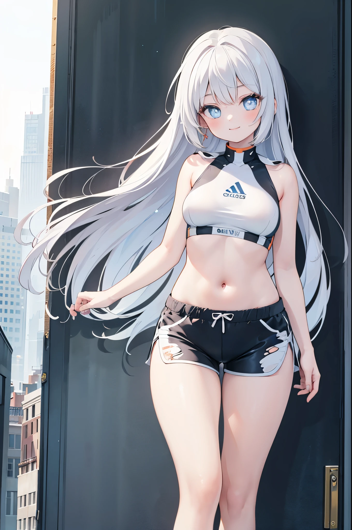 Realistic image, Detailed image, 1 girl. Long silky hair, silver hair, blue eyes, long eyelashes. Short sleeveless sports shirt, showing the navel, torn shorts, sports shoes. Curvy body, small breasts, thin waist, thick thighs. smiling. Urban background, surrounded by buildings. Volumetric light. Ambient light.