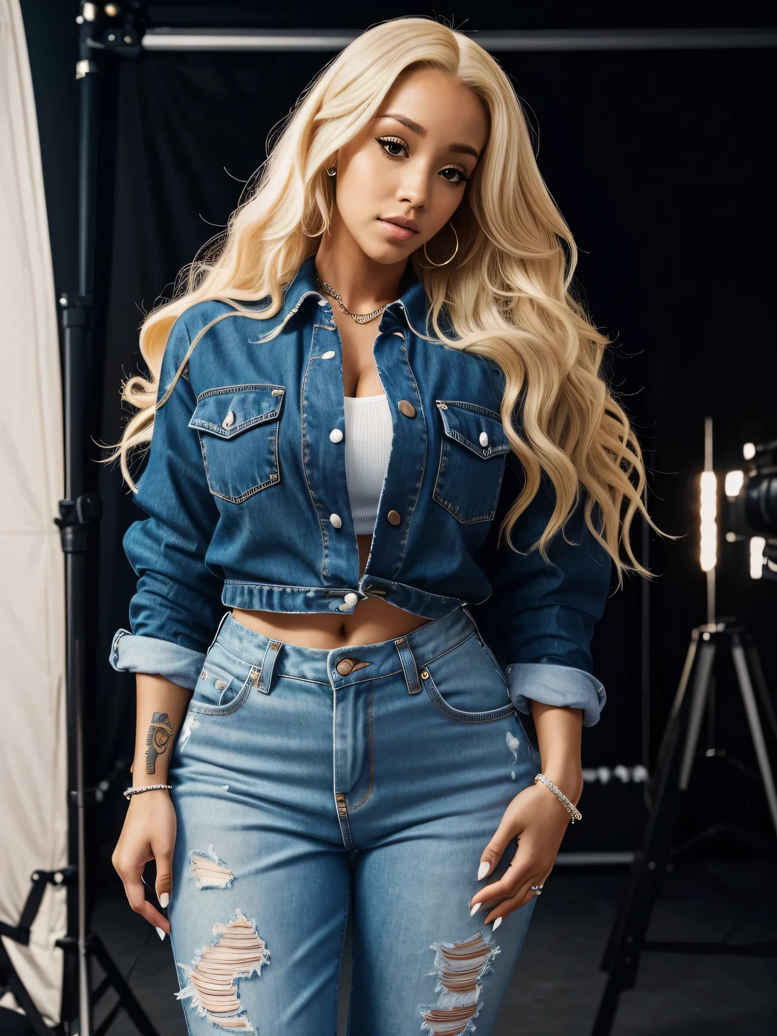 (obra de arte), (melhor qualidade), ((Nicki Minaj)), inventar, (brown-skinned female), ((seios pequenos:1:1)), ((gordinho)), cabelo com franja, jaqueta bomber, camiseta, Jeans rasgado, joia, colar, Jeans rasgado, decote profundo, moda ((fundo cinza)), contornado