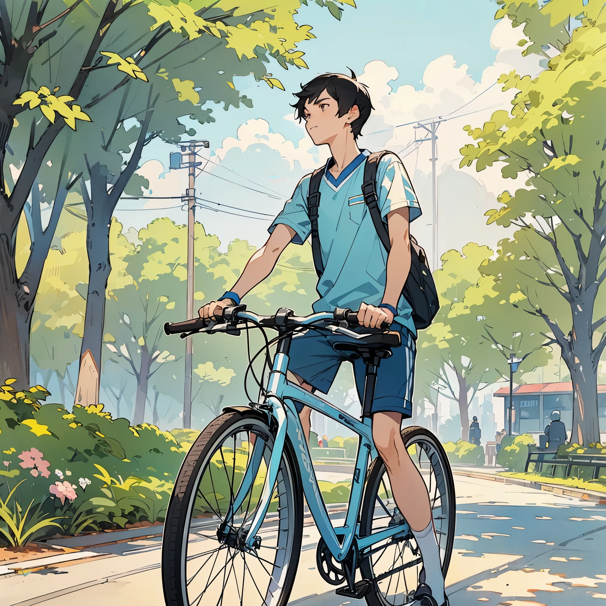 A young man，black hair，short hair，Wearing blue casual sportswear，Riding a bicycle on the road in the park。illustration style，Marker sketch style，Sketch portraits of people，high-definition，4k。