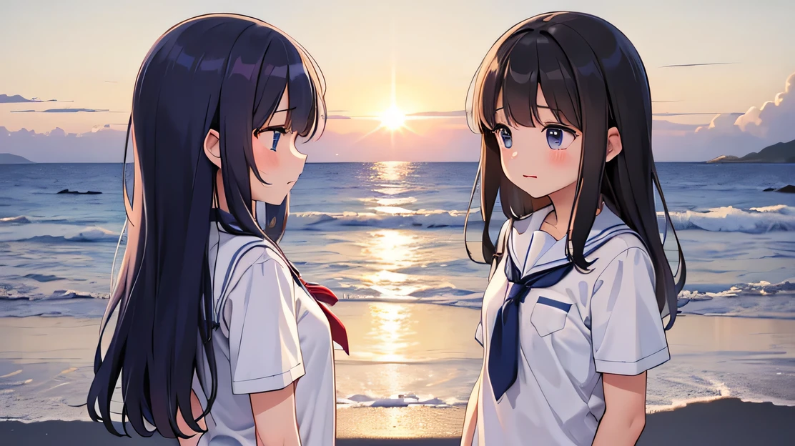 Two girls、Please draw a scene in which one of you shyly confesses your feelings on the sea as the sun sets..。