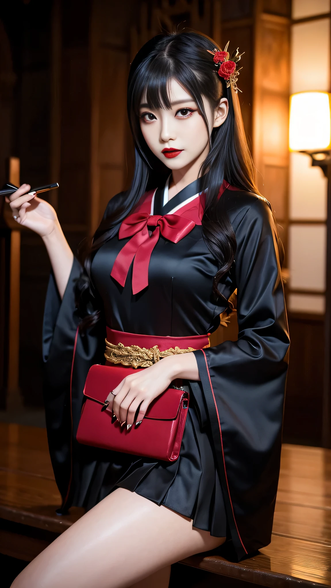 Super detailed、Japanese、charming beauty、seductive adult woman、Beautiful woman、sharp eyes、cool girl、wavy hair、shrine maiden costume、black skirt、wide sleeve、evilの幹部、evil depravity、brainwashing、Mind control、lipstick、grin、evilな表情、evil、empty eyes、evil、church at night、vampire、vampire、Hypnosis、brainwashinging、Contrasting、makeup brush