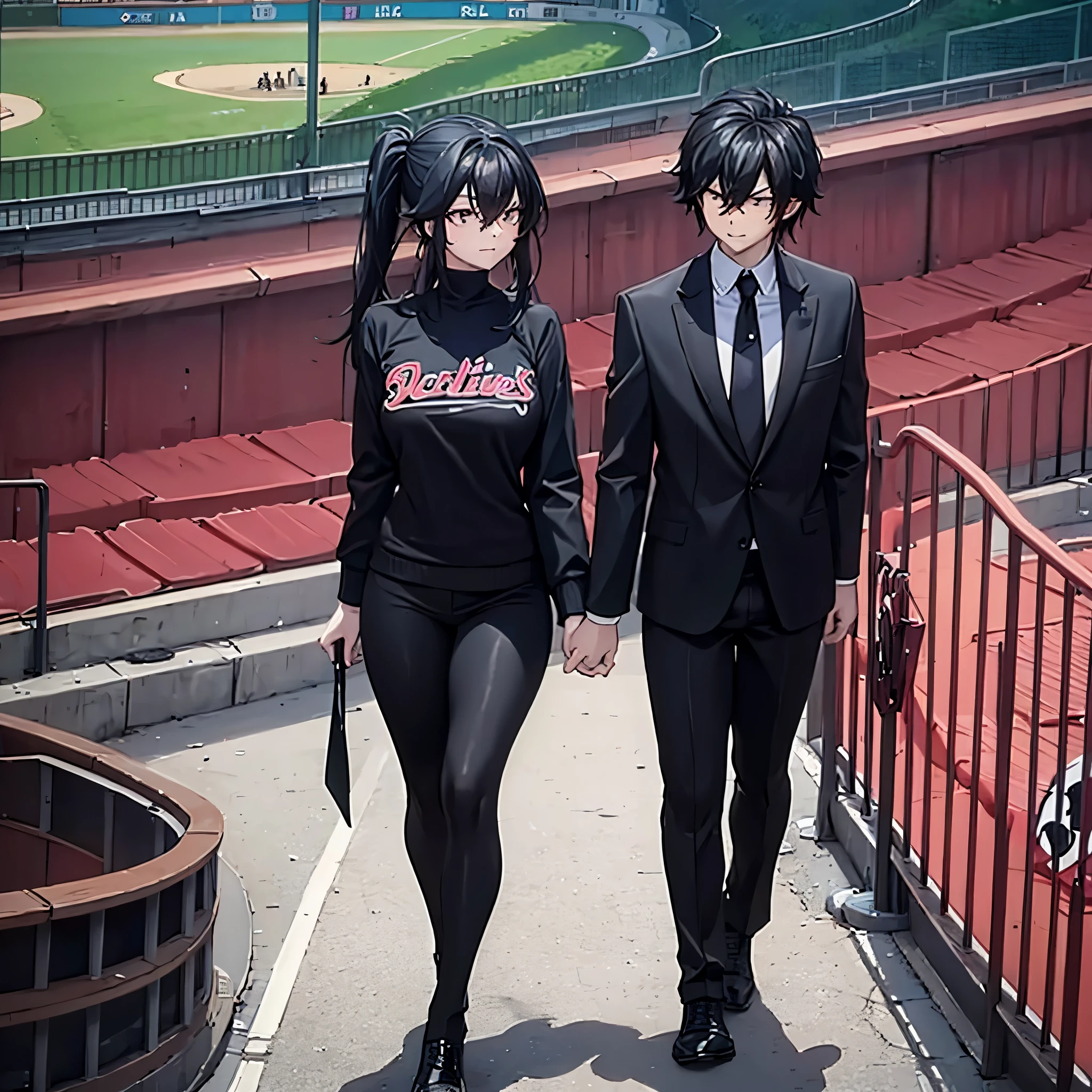 a man holding his wife's hand, wearing a black baseball uniform in a baseball stadium
