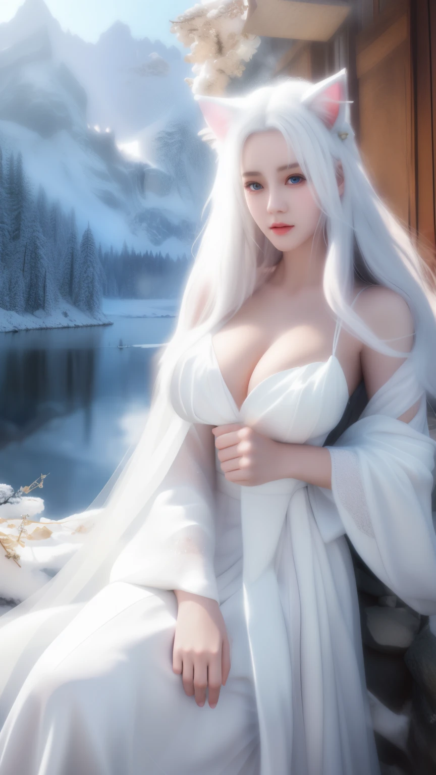 One wearing a white dress、Close up of cat-eared woman, ethereal beauty, Stunning young and ethereal figure, huge breasts,bigger breasts,G cup,flowing white robe, flowing skirt, flowing magic robe, beautiful girl, Very beautiful top model, Beautiful digital art work, tall thin beautiful goddess, beautiful goddess, Beautiful fantasy girl, beautiful fantasy art, Smooth digital concept art, Smooth anime CG art,heavy snow,snow mountain,lake,white hair