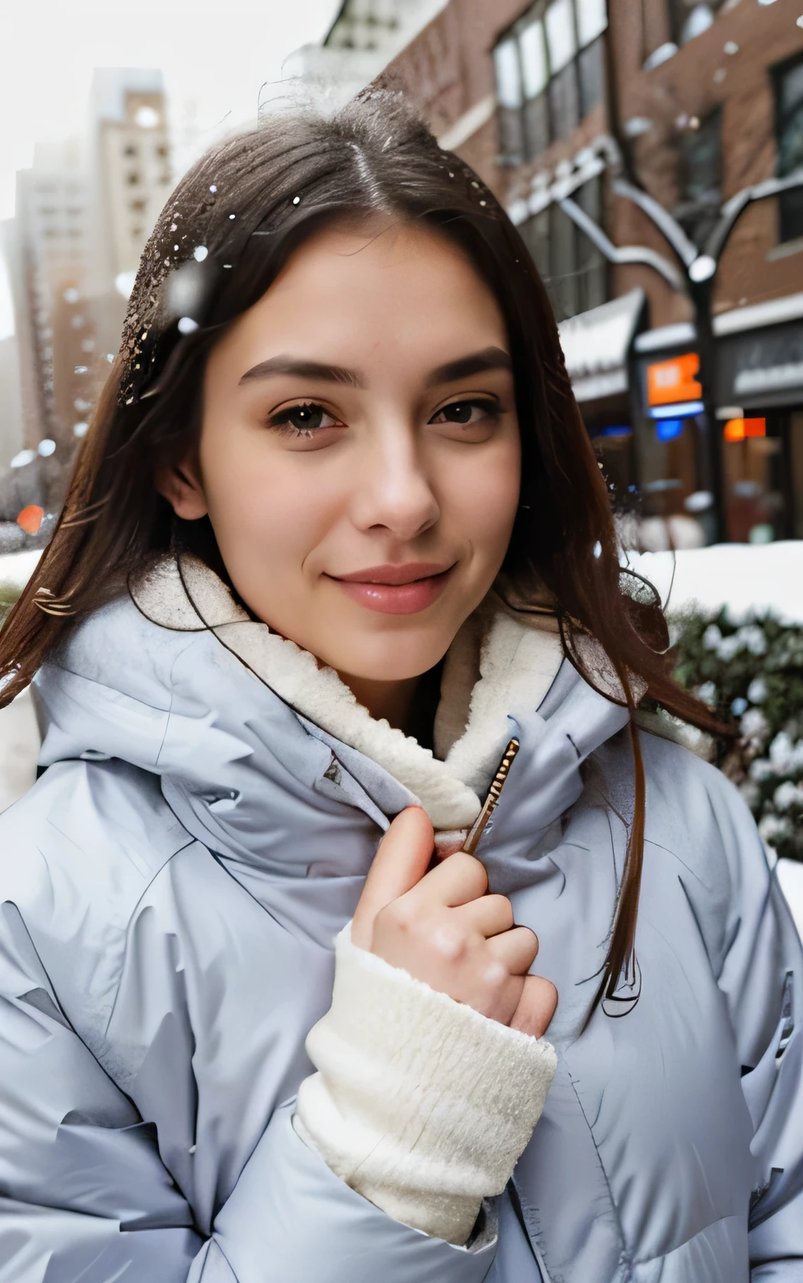 ropa de invierno, imagen en nueva york nevada, chaqueta grande, foto de la cara de cerca, foto profesional, Photoshoot, Pose diferente